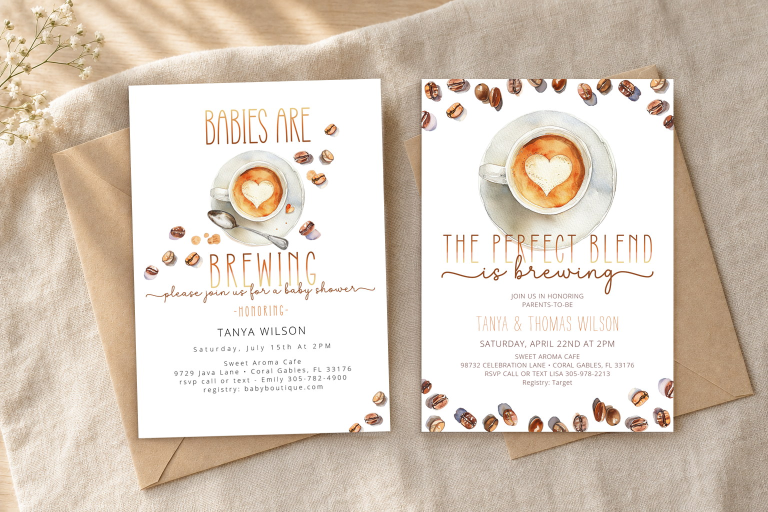 Matching 5-by-7 coffee-themed baby shower invitations featuring Perfect Blend and Babies Are Brewing twins designs.