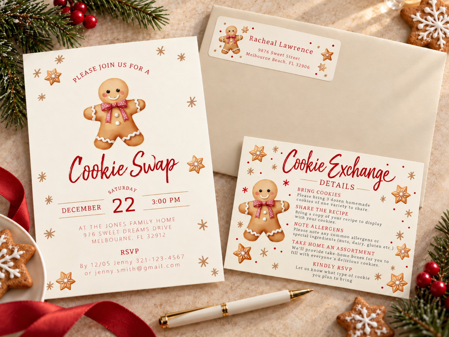 Gingerbread cookie exchange invitation suite with 5x7 party invitation, details enclosure card, beige envelope, and personalized return address label.