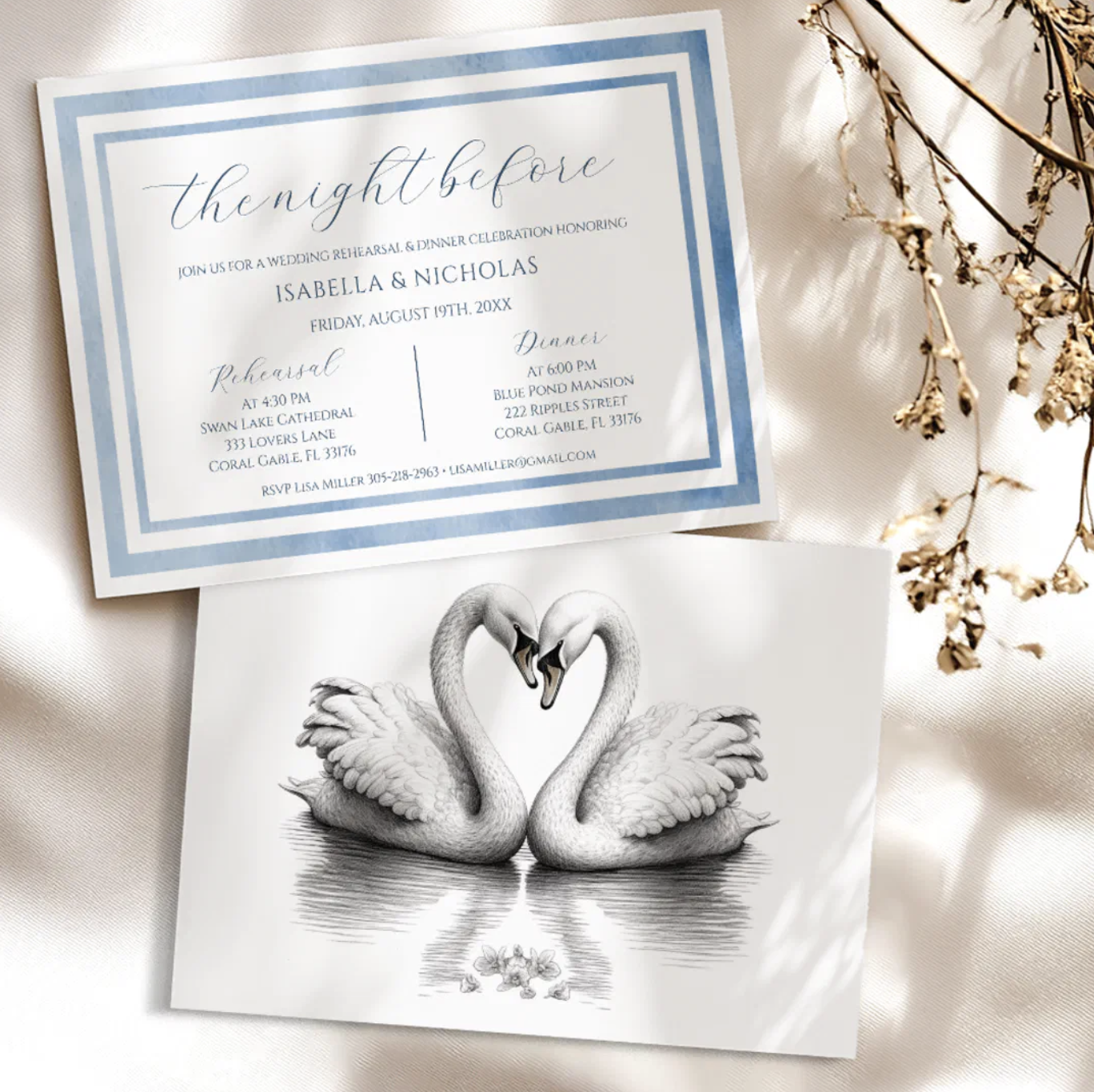 Dusty blue swan rehearsal dinner invitation paired with elegant swan artwork and soft neutral styling.
