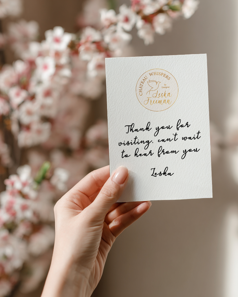 Chateau Whispers thank you card design for baby showers, bridal showers, birthdays, and life celebrations.