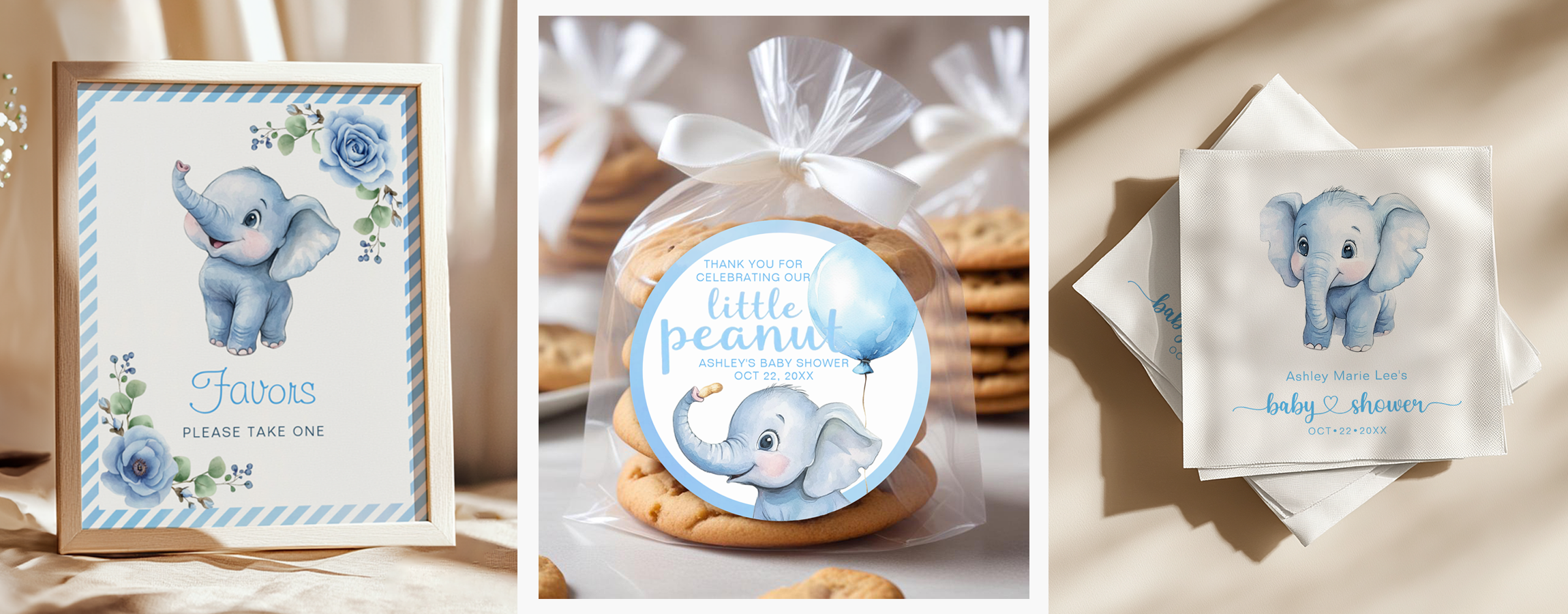 Blue elephant baby shower table decor with favor sign, cookies with stickers, and matching napkins in soft blue theme