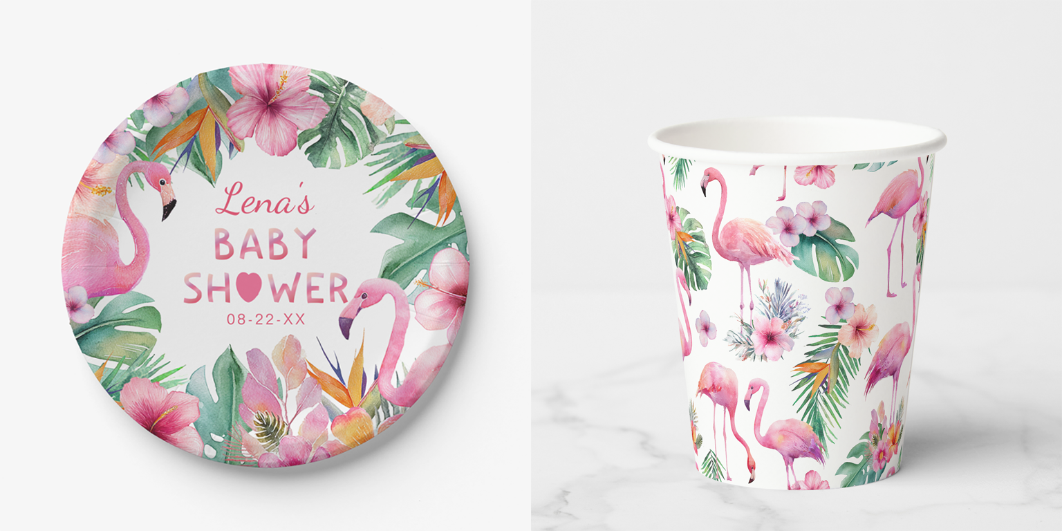 Tropical flamingo baby shower paper plates and cups with pink flamingos and tropical flowers