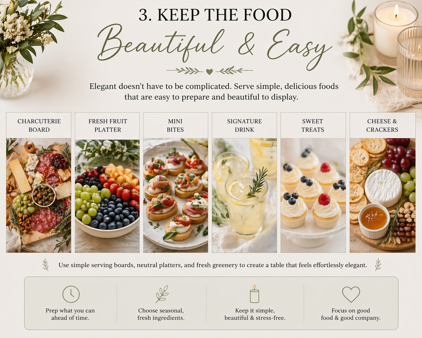Elegant housewarming party food inspiration graphic featuring six easy entertaining ideas including charcuterie board, fresh fruit platter, mini appetizers, signature lemon drink, frosted cupcakes, and cheese with crackers.
