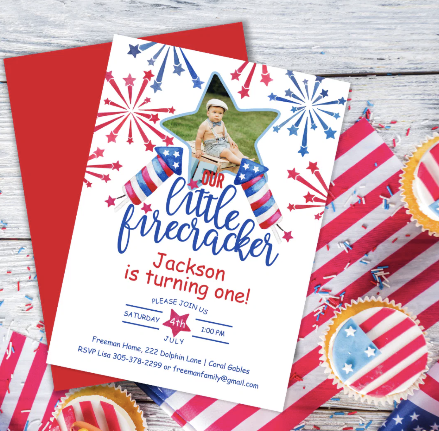 little firecracker first birthday invitation with baby photo fireworks theme