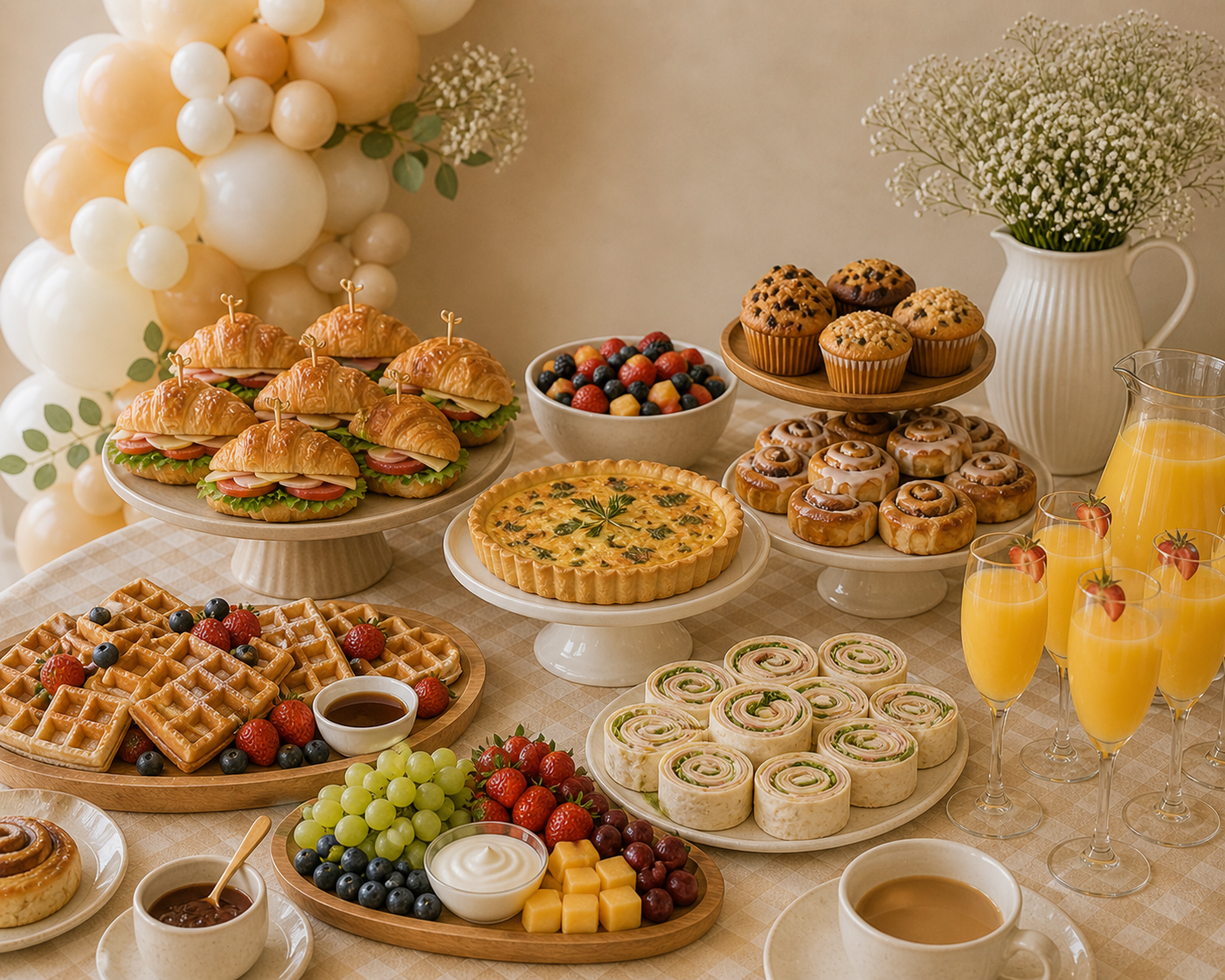 Neutral-toned baby shower brunch table with waffles and syrup, pinwheel sandwiches, fresh fruit, muffins, quiche, cinnamon rolls, and drinks, styled with soft balloon décor and warm natural lighting.