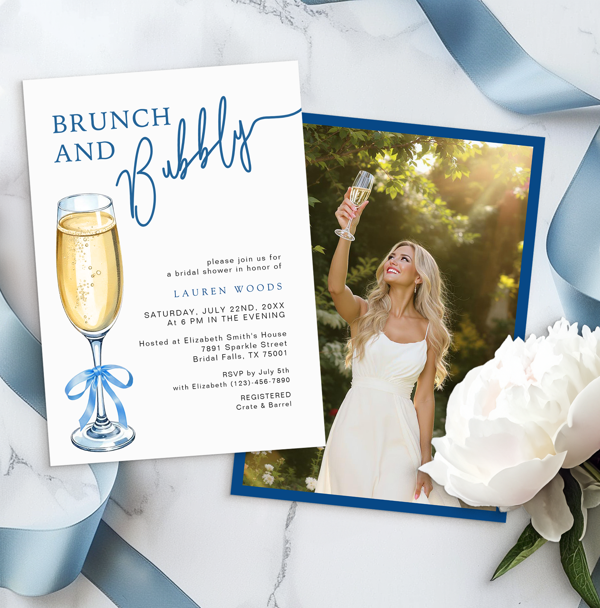 Watercolor brunch and bubbly bridal shower invitation featuring a champagne flute with a blue ribbon and elegant script typography.
