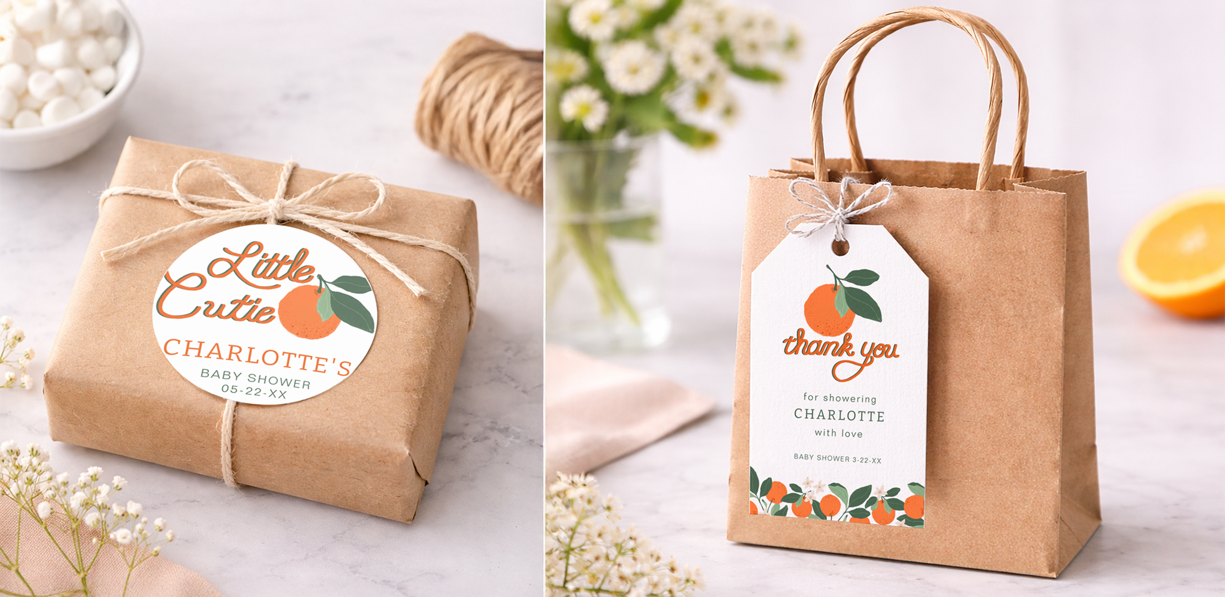 Little Cutie baby shower favor ideas featuring a kraft gift wrapped with a round citrus sticker and a mini favor bag with a personalized thank you tag in a clementine theme