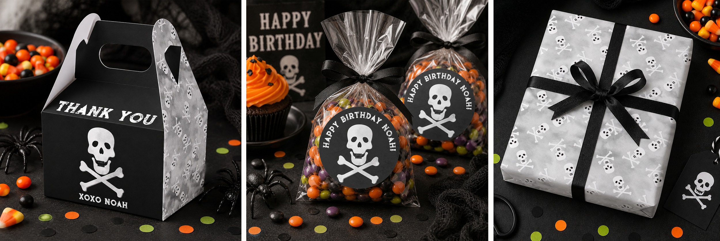 Halloween birthday party favor display featuring black skull favor boxes, candy-filled treat bags with personalized skull stickers, and skull-pattern wrapping paper tied with black ribbon on a dark party table with orange, black, and green confetti.