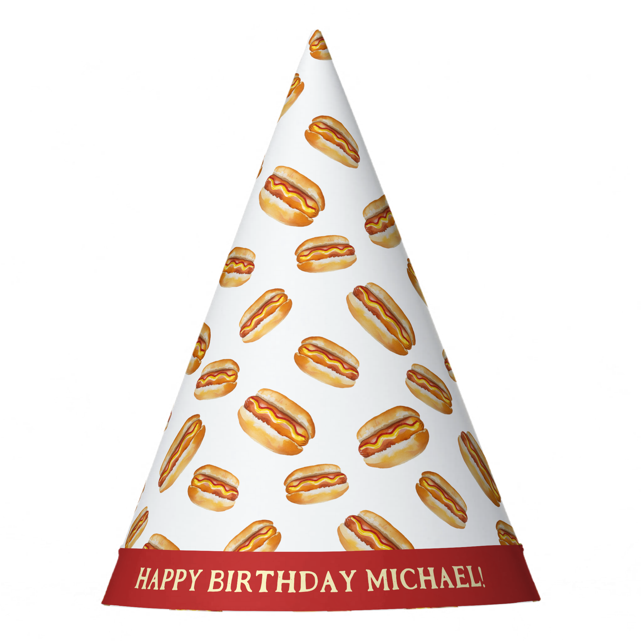 Hot dog birthday party hat with watercolor pattern for kids