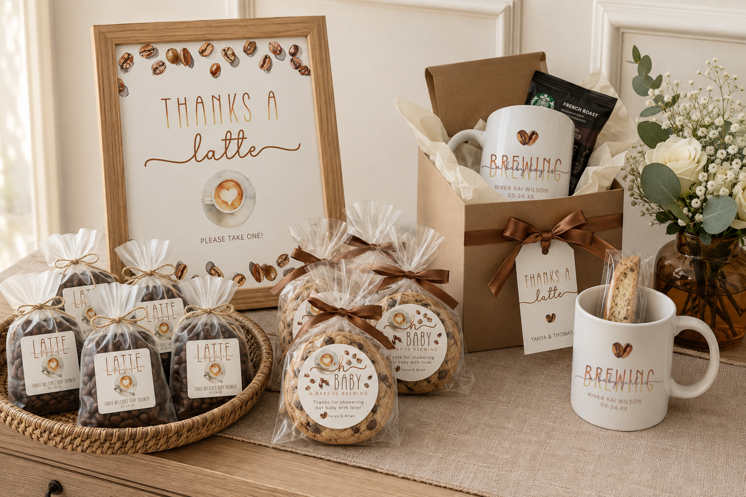 Thanks a Latte baby shower favors with coffee bean bags, packaged cookies, personalized mugs, and favor sign.