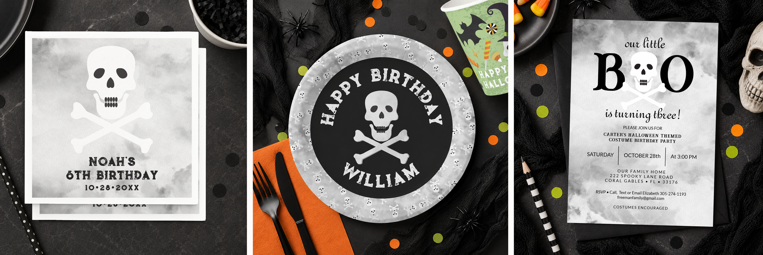 Collage of Halloween birthday party stationery and decor including a skull-themed invitation, matching personalized plate, and coordinating napkins styled on a dark festive background with confetti and party elements.