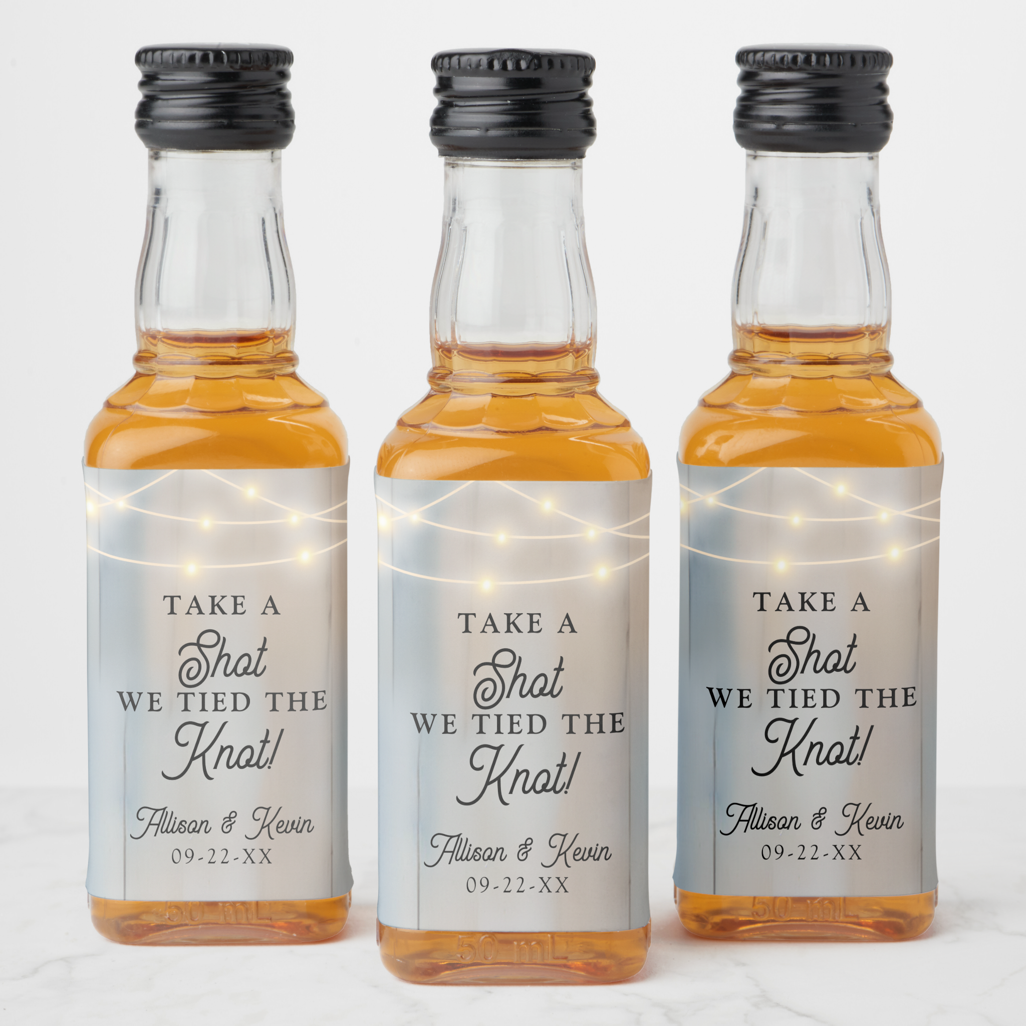 Rustic wedding mini liquor favor label “A Shot We Tied the Knot”