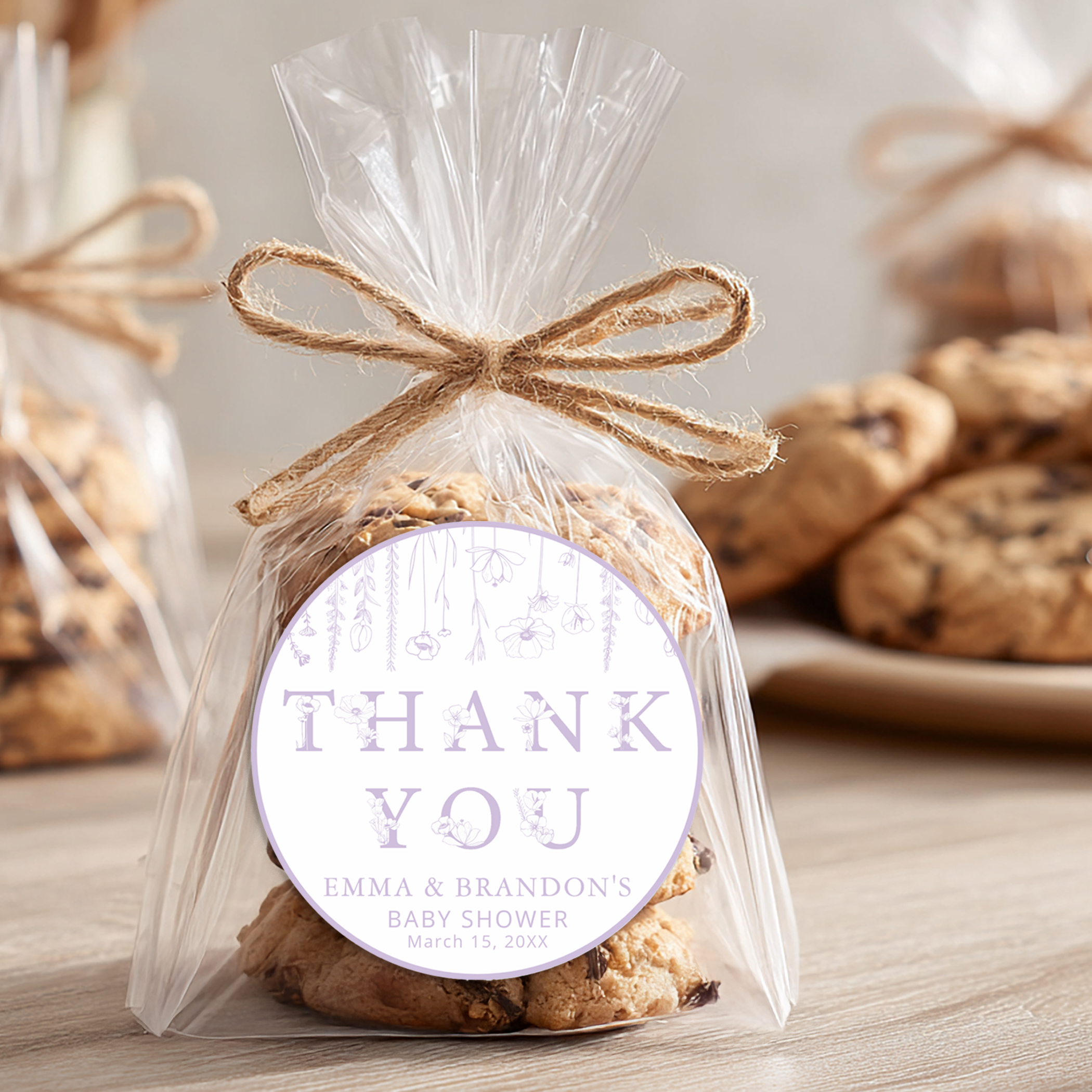 Lavender baby shower thank you favor sticker on cookie bag with rustic twine bow