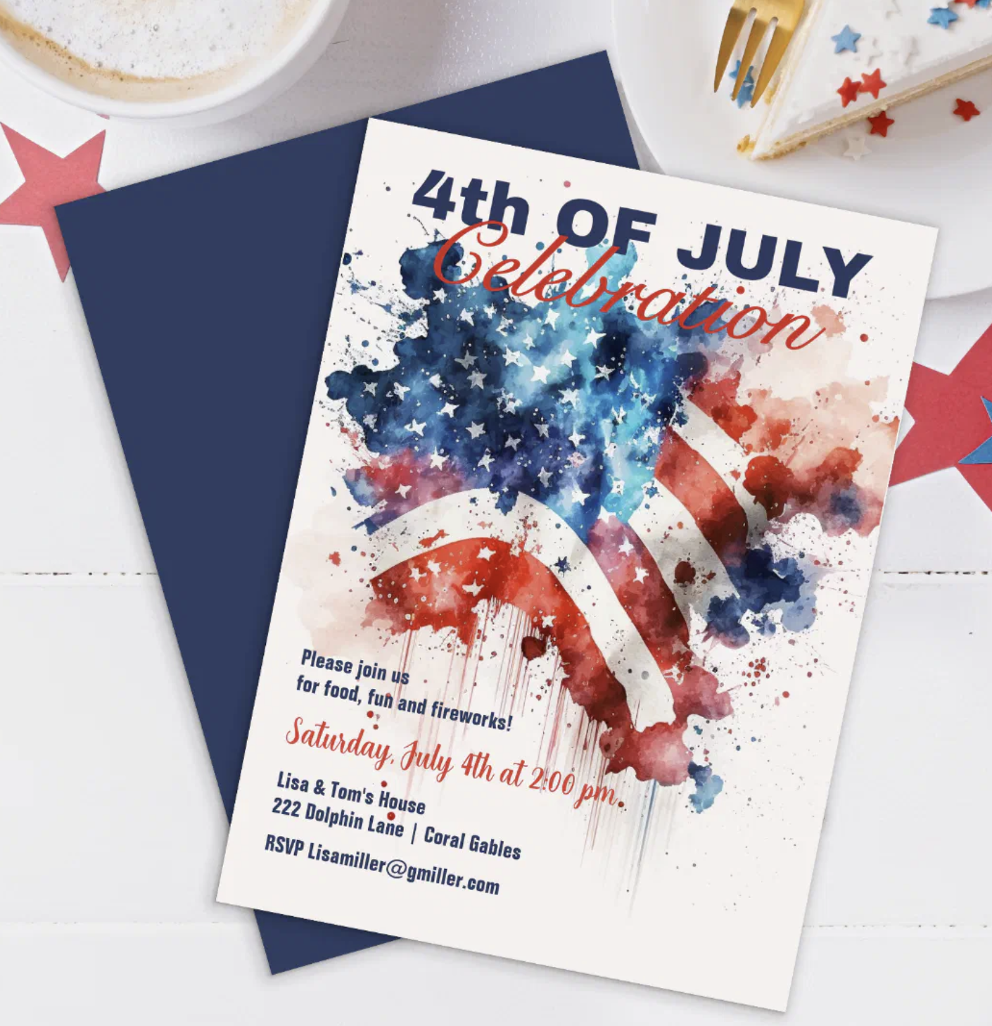 watercolor fireworks and the text 4th of July Celebration