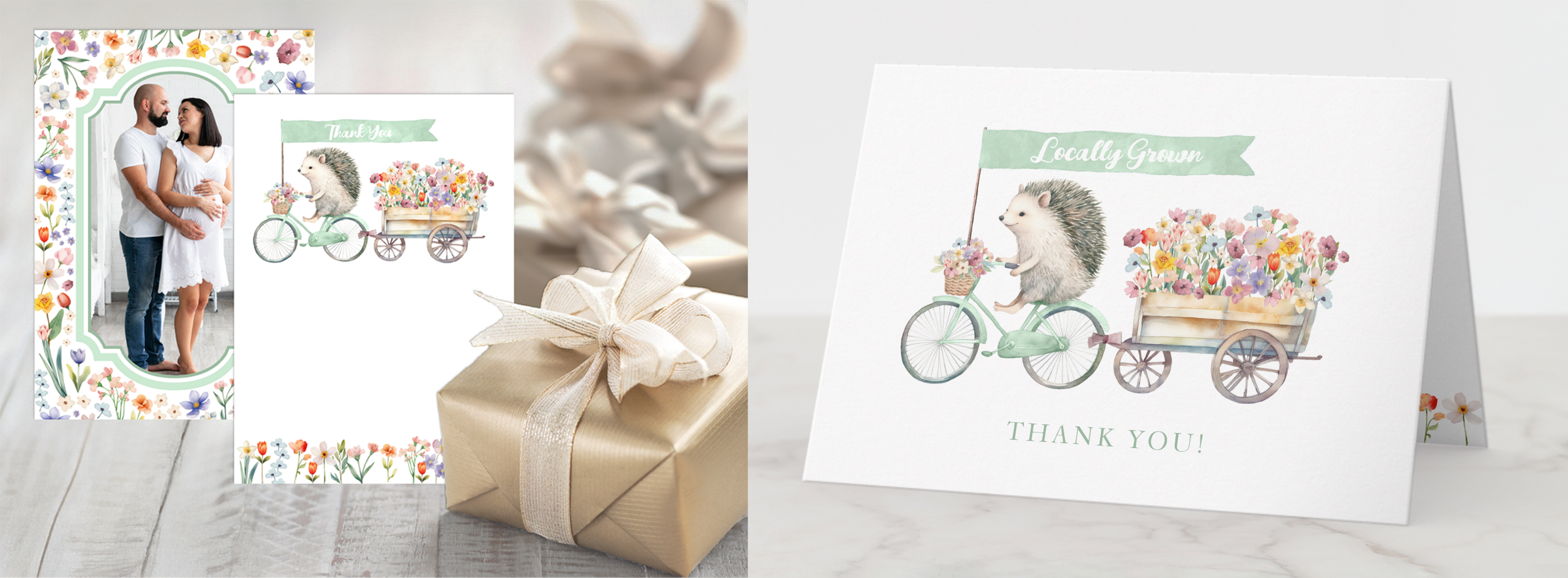 hedgehog baby shower thank you cards with floral design and optional photo personalization