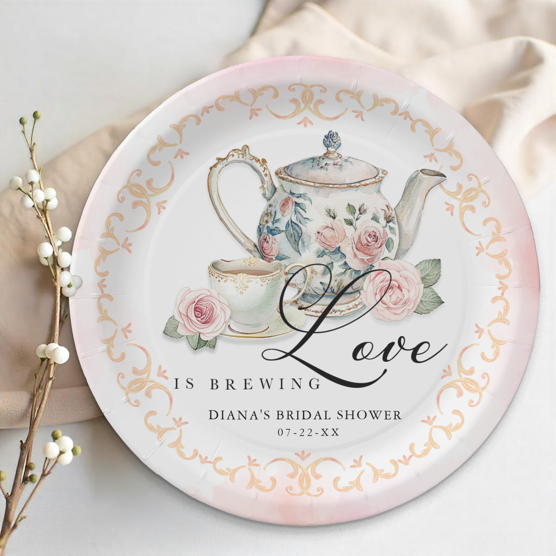 Love is Brewing bridal shower paper plate with floral teapot and blush vintage styling