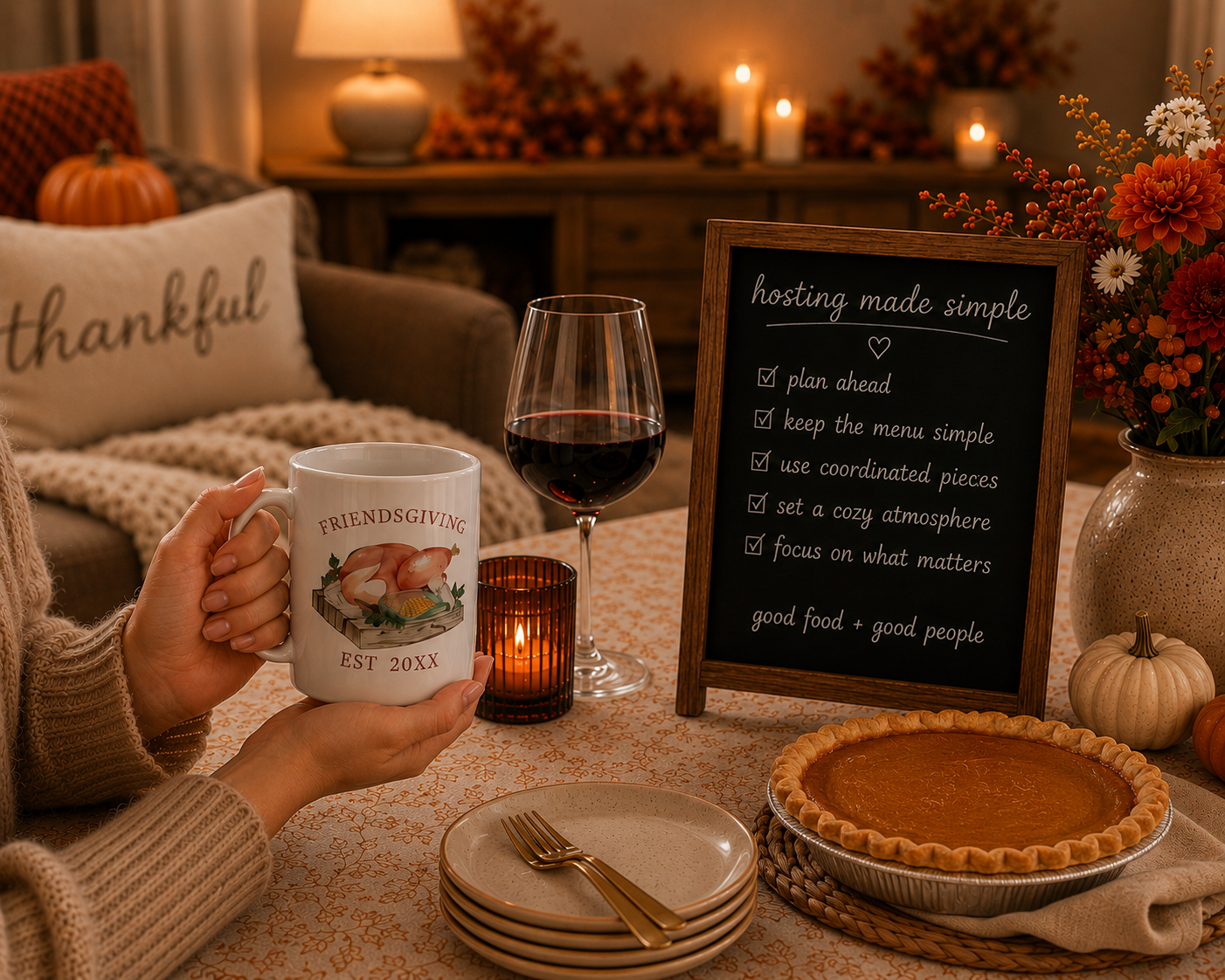 Cozy Friendsgiving table scene featuring hands holding a Friendsgiving mug beside candlelight, pie, stacked dessert plates, autumn florals, pumpkins, and a chalkboard sign with simple hosting tips in a warmly lit fall setting.