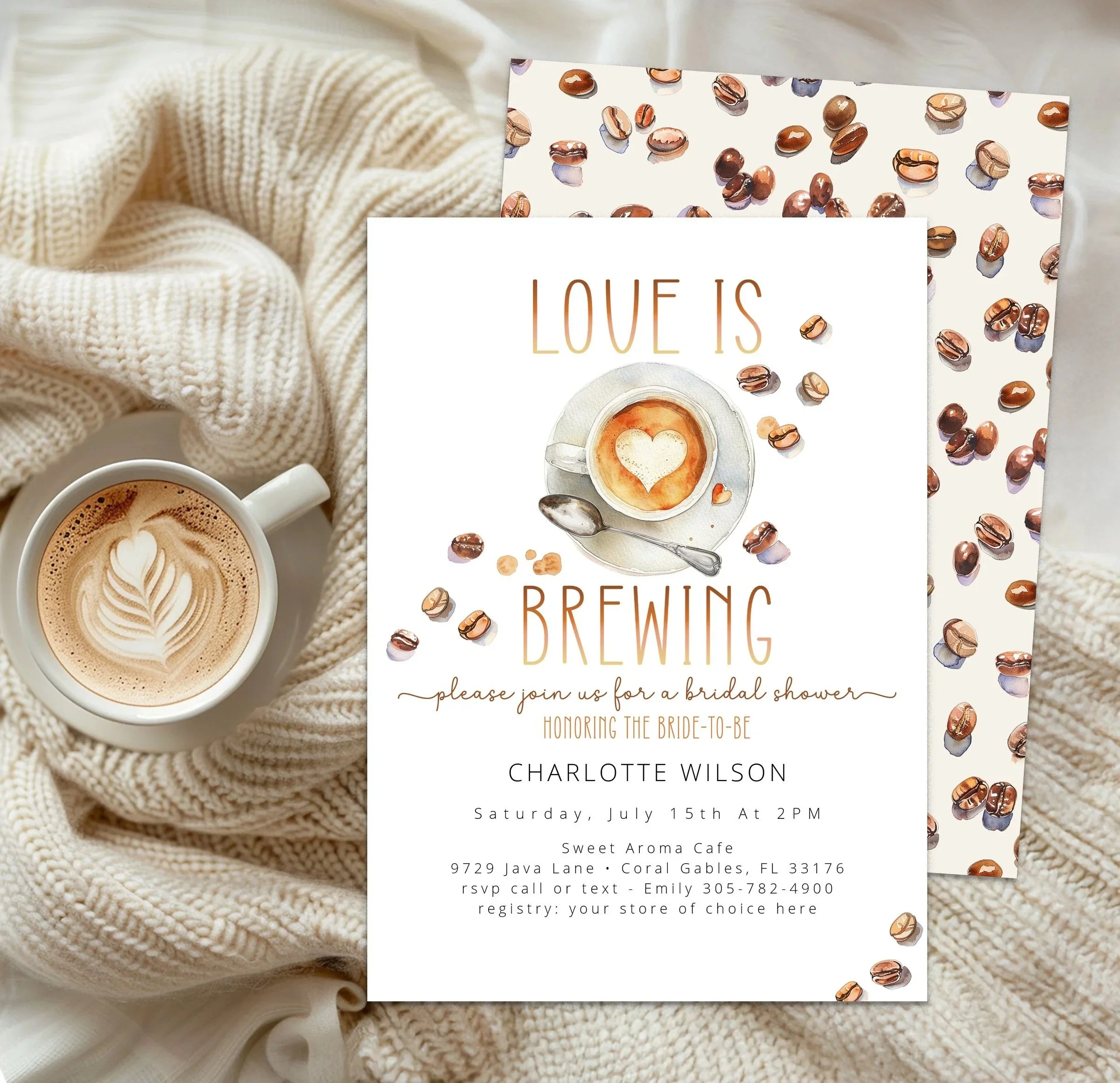 Love Is Brewing coffee bridal shower invitation with espresso cup and coffee bean design