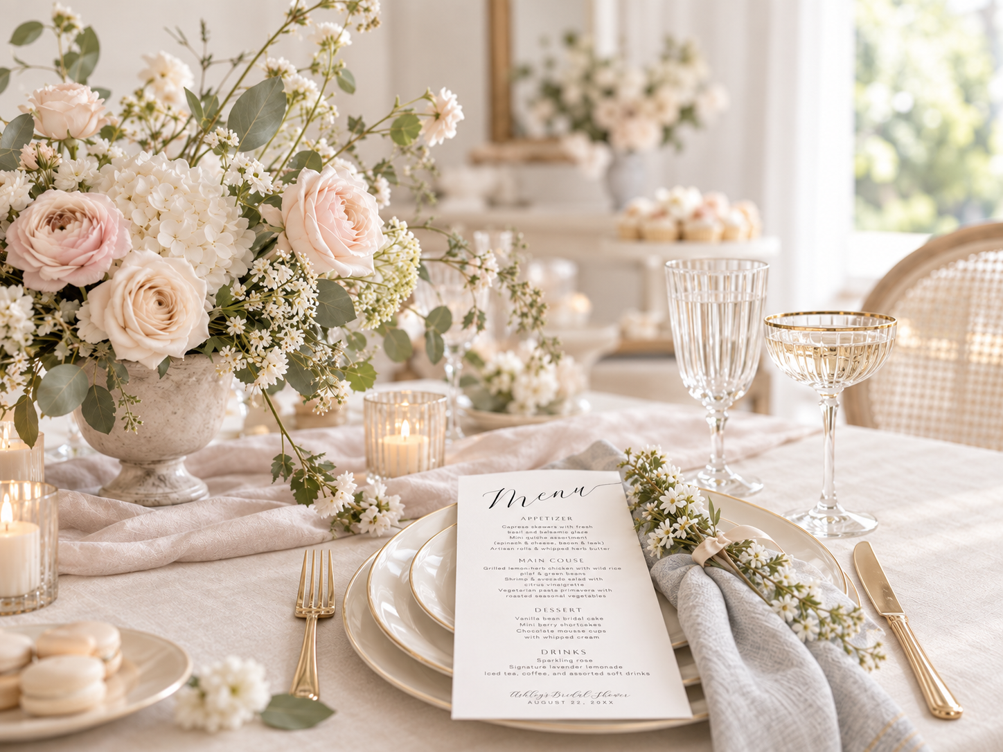 Elegant bridal shower table with blush and ivory flowers, candles, gold flatware, crystal glasses, and a menu card placed on layered plates in a bright airy setting.