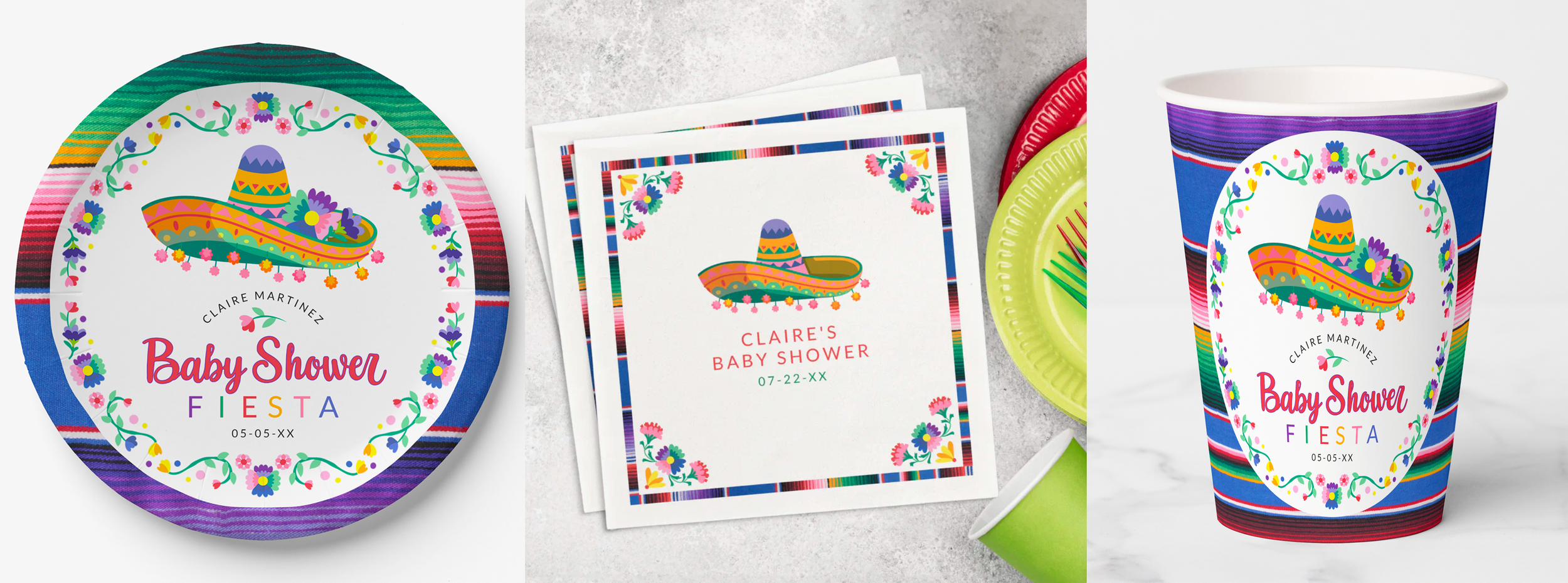 Fiesta themed baby shower table setup with colorful plates, napkins, and bright festive décor.