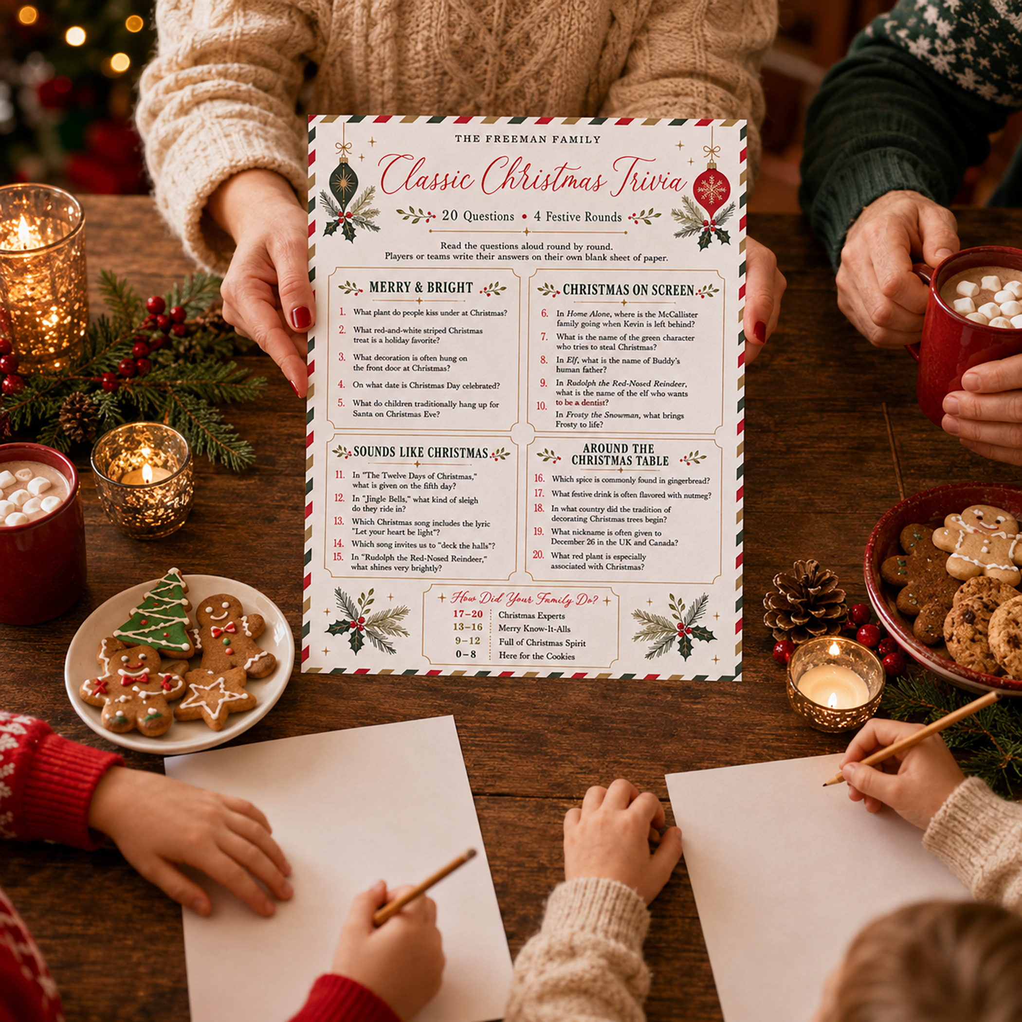 Family playing Classic Christmas Trivia around a festive wooden table with answer sheets, pencils, hot cocoa, gingerbread cookies, candles, and Christmas greenery.