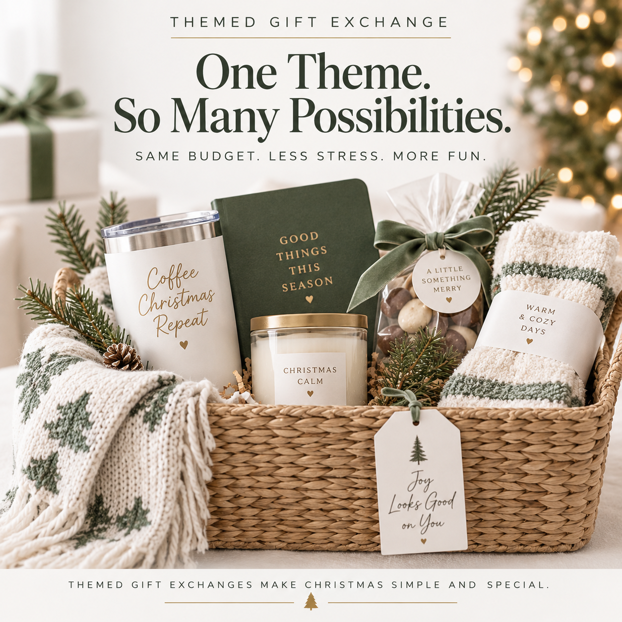 Themed Christmas gift exchange basket with cozy socks, tumbler, candle, treats, evergreen accents, and neutral green-and-cream holiday styling.