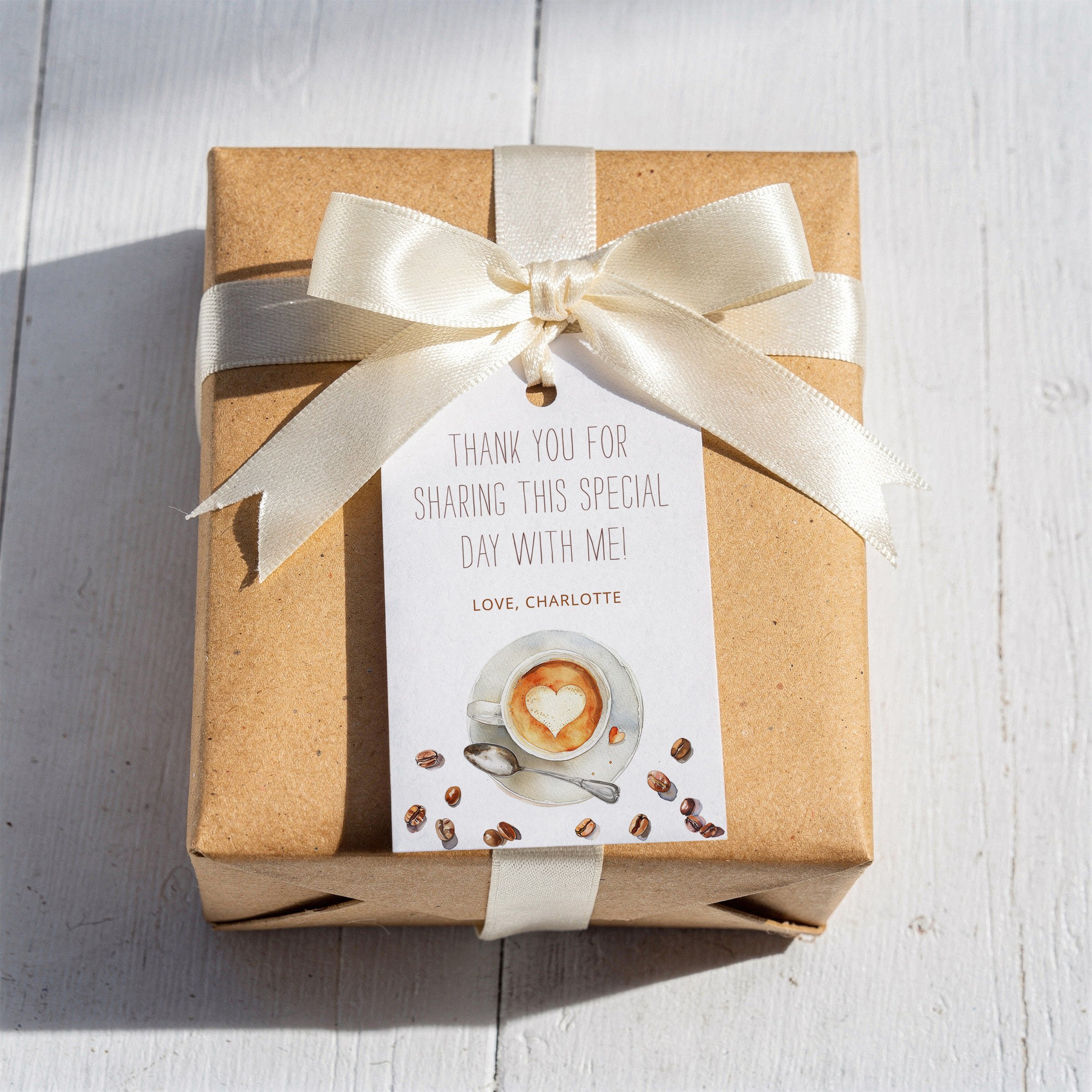 Love Is Brewing coffee bridal shower favor tags with espresso cup design