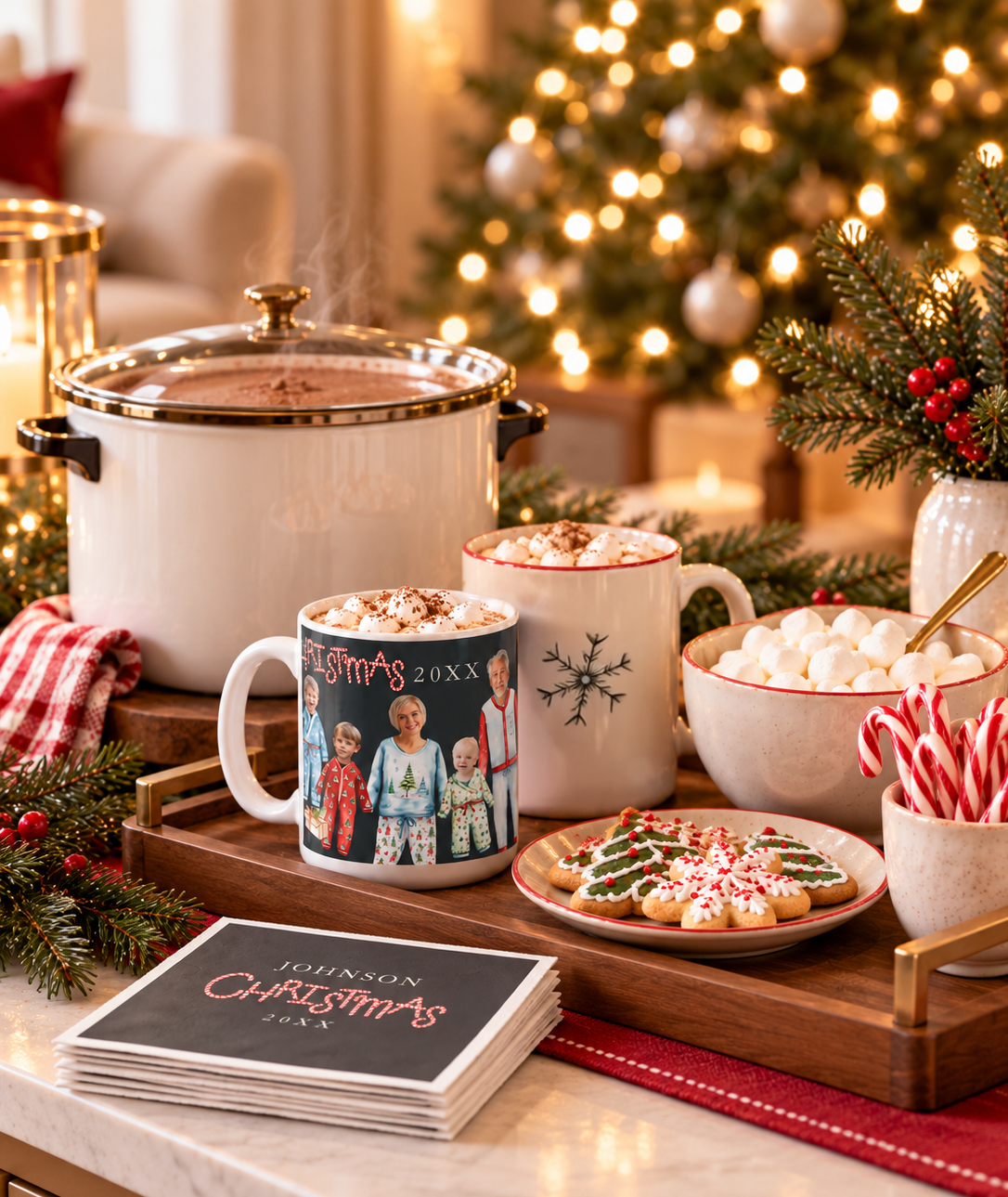 Christmas hot cocoa serving station with a pot of cocoa, marshmallows, candy canes, Christmas cookies, three mugs including a personalized family pajama mug, and coordinating Christmas napkins beside a glowing tree.