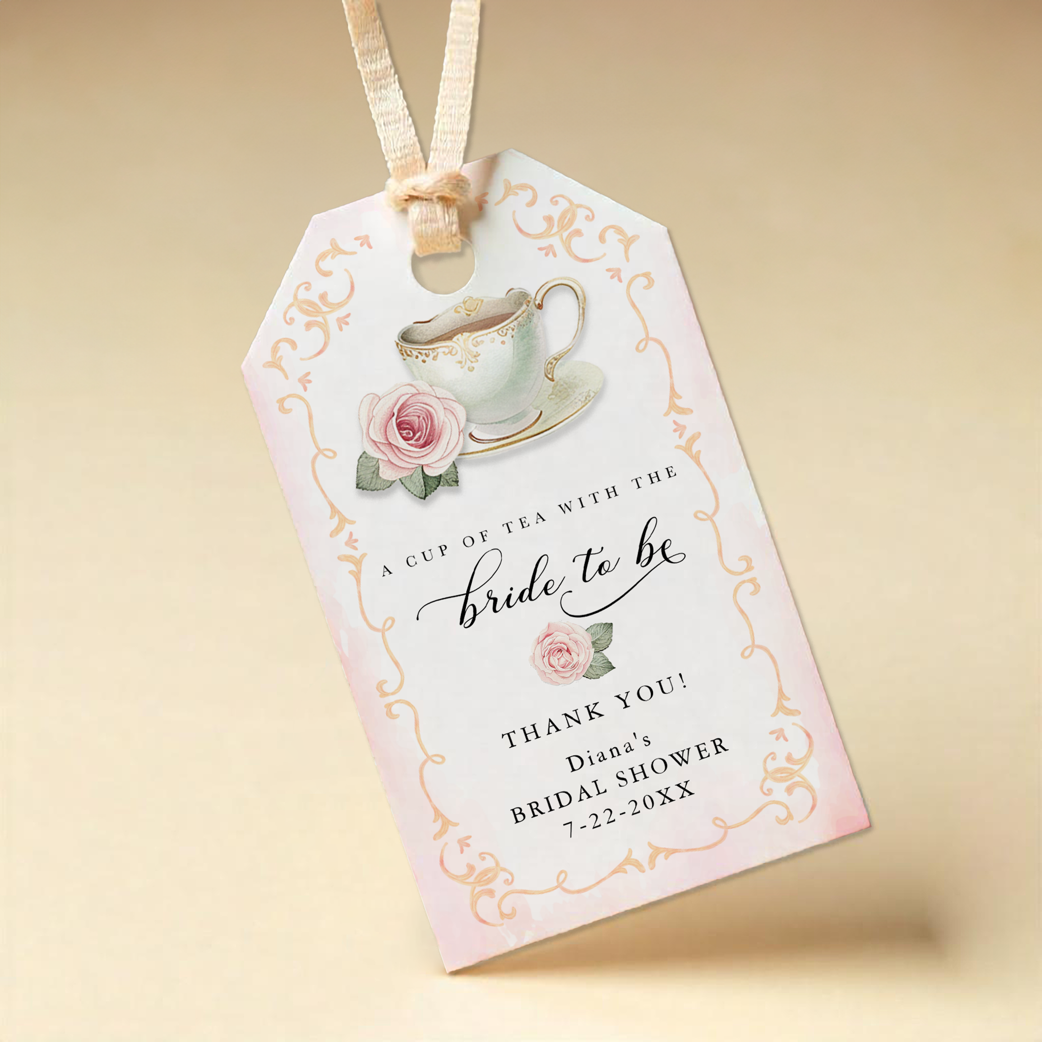 Tea party bridal shower favor tag with floral teacup design and soft pink border