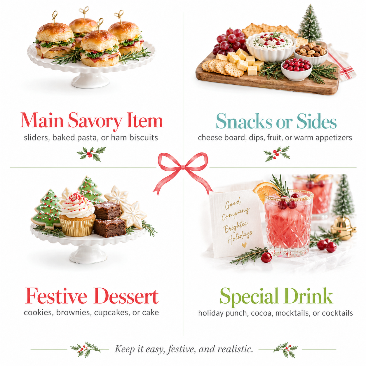 Christmas party menu planning graphic showing one main savory item, two snacks or sides, one festive dessert, and one special holiday drink with examples for each category.