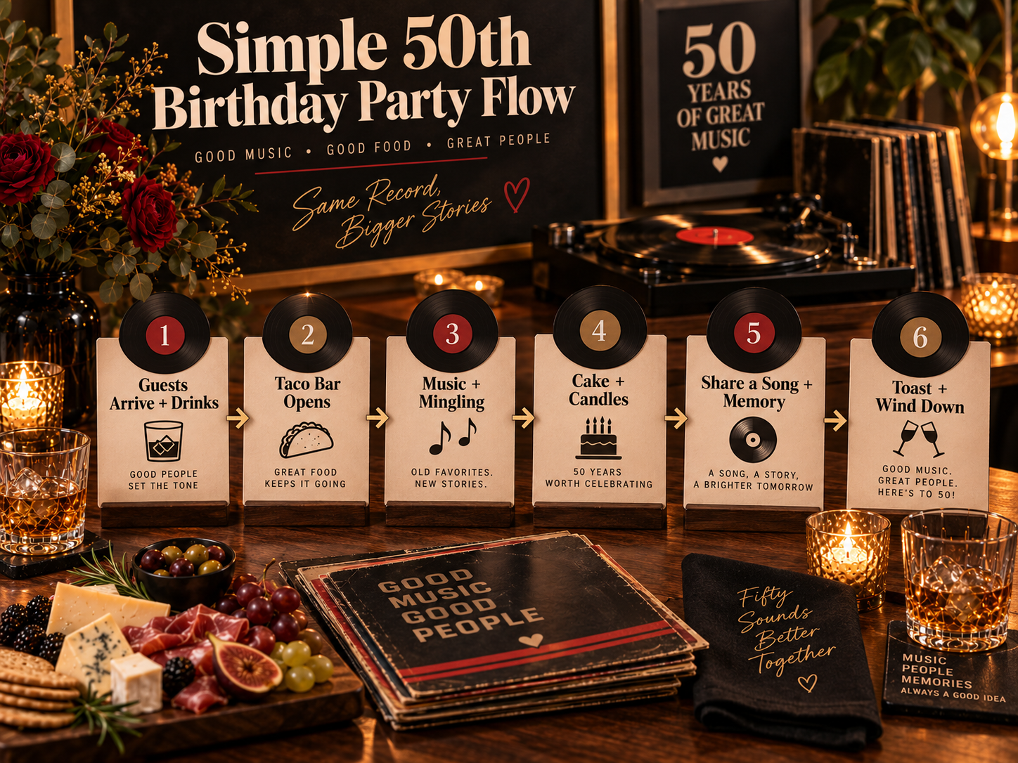 Simple 50th birthday party flow infographic showing guests arriving with drinks, taco bar, music and mingling, cake and candles, a Share a Song memory activity, and a final toast in a retro vinyl-themed setting.