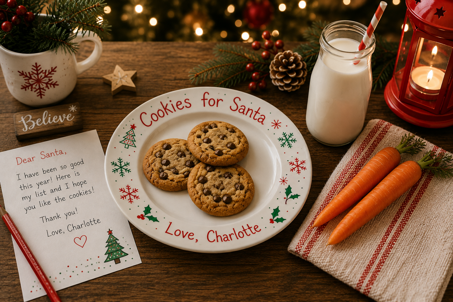 DIY Cookies for Santa plate with chocolate chip cookies, milk, carrots for the reindeer, and a letter to Santa.