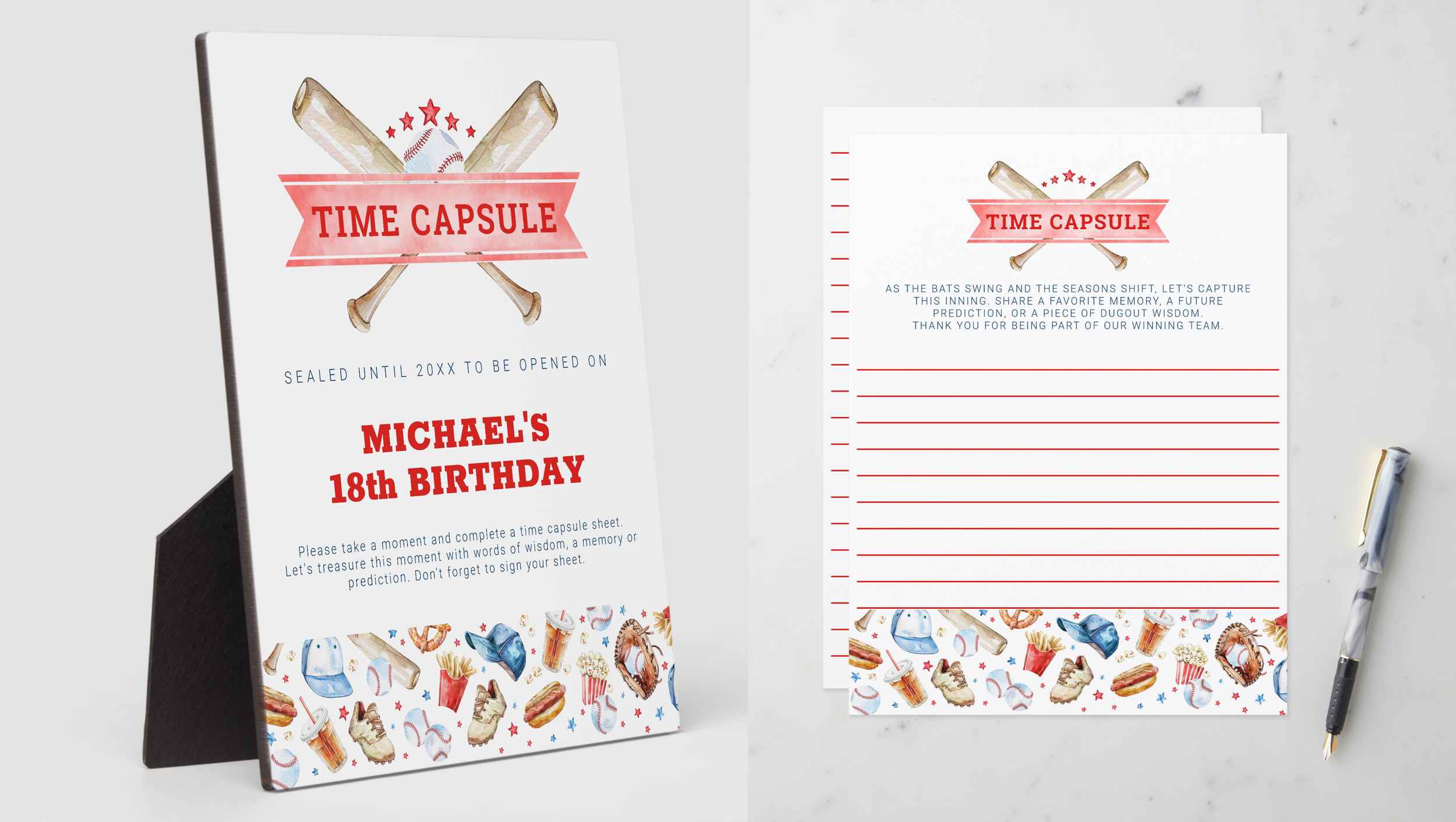 Baseball birthday time capsule activity sign and guest prediction cards