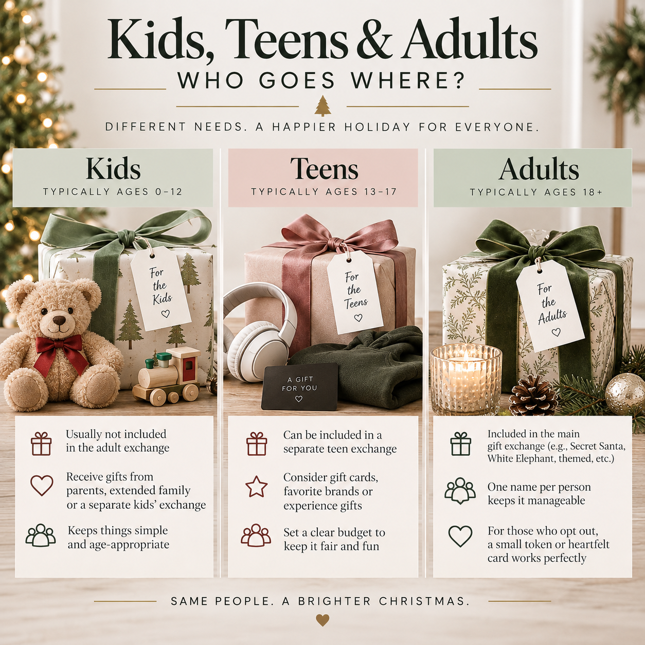 Christmas gift exchange infographic showing separate guidance for kids, teens, and adults, with children kept outside the adult exchange, teens given flexible options, and adults included in the main gift exchange.