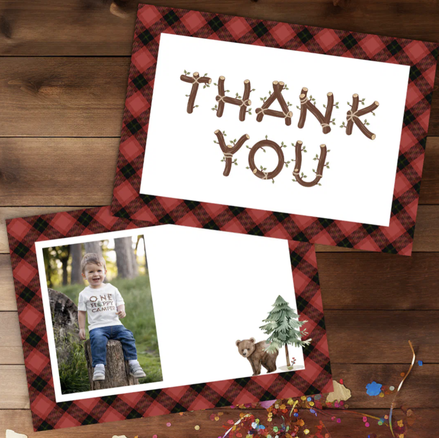 One Happy Camper woodland bear blank thank you card with rustic plaid border for handwritten first birthday notes