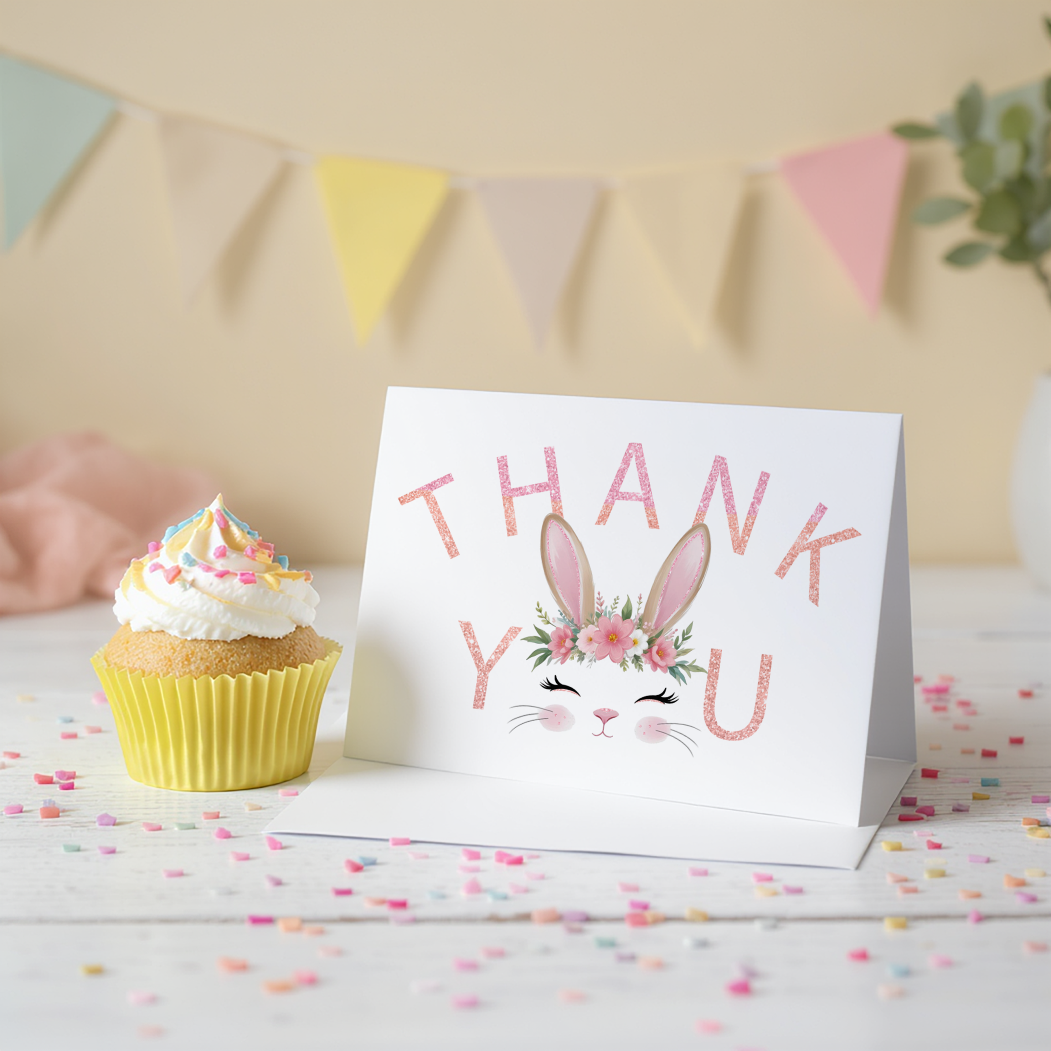 Some Bunny Is One thank you card with a cute bunny face and floral crown, styled with confetti and a cupcake.