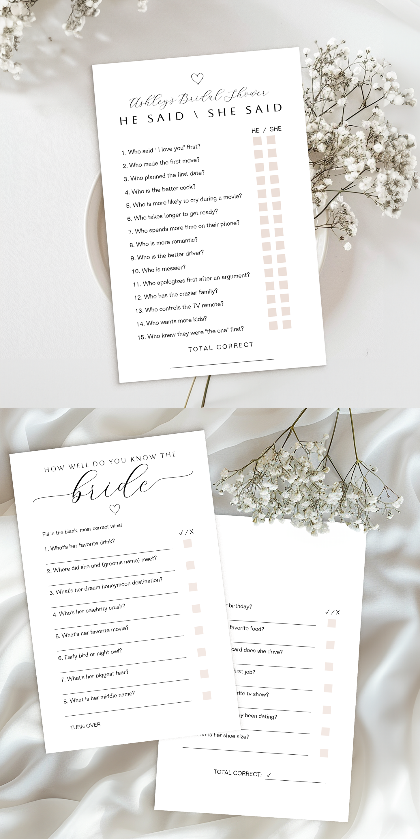 Minimal bridal shower printable game set featuring “He Said She Said” and “How Well Do You Know the Bride” cards on a soft white silk background with delicate baby’s breath florals.