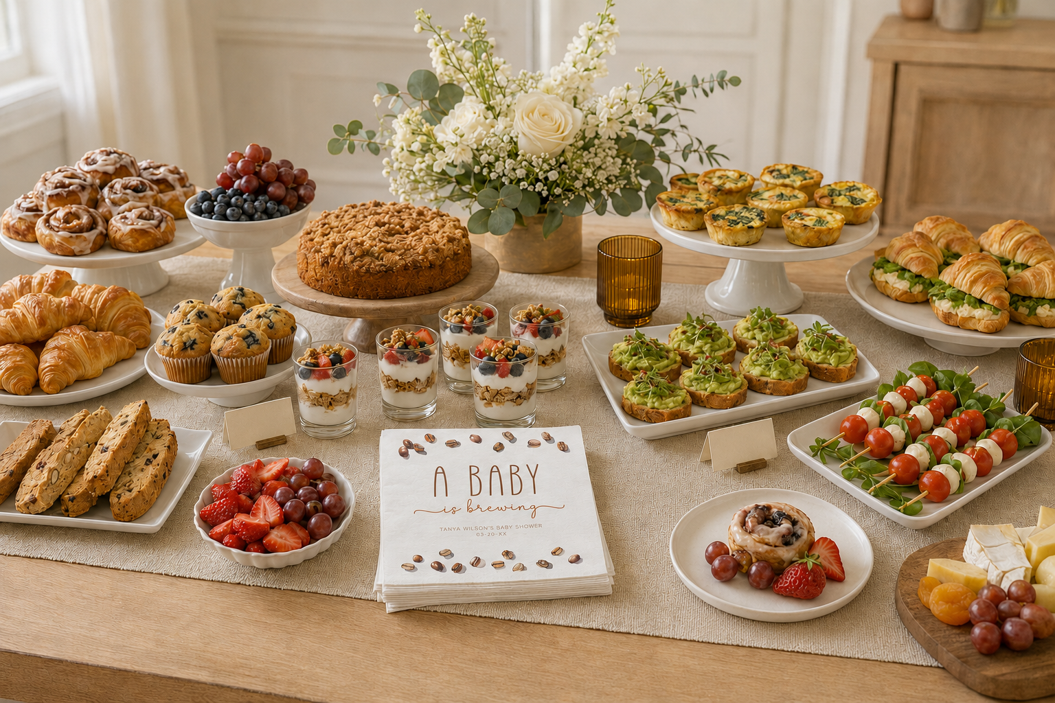 Coffee-themed baby shower brunch with sweet pastries, fruit, parfaits, quiches, croissant sandwiches, and personalized napkins.