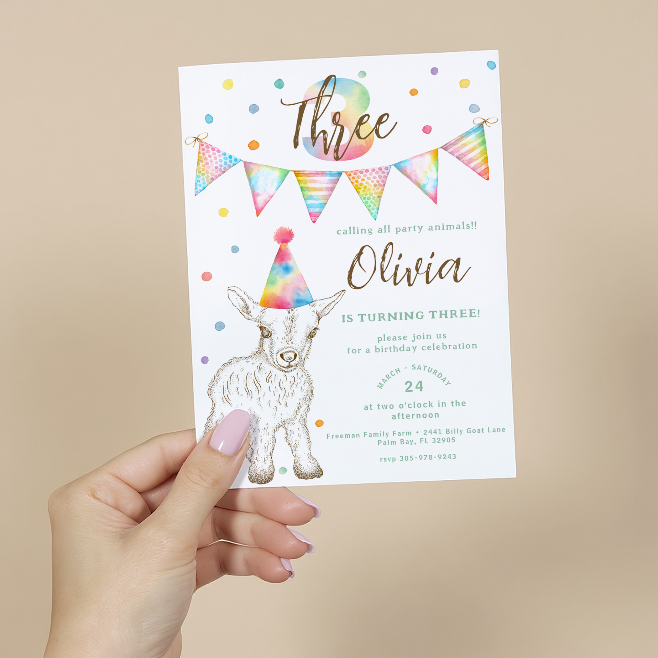 Personalized Party Animal Goat 3rd birthday invitation with watercolor goat, confetti, bunting, and child’s name.