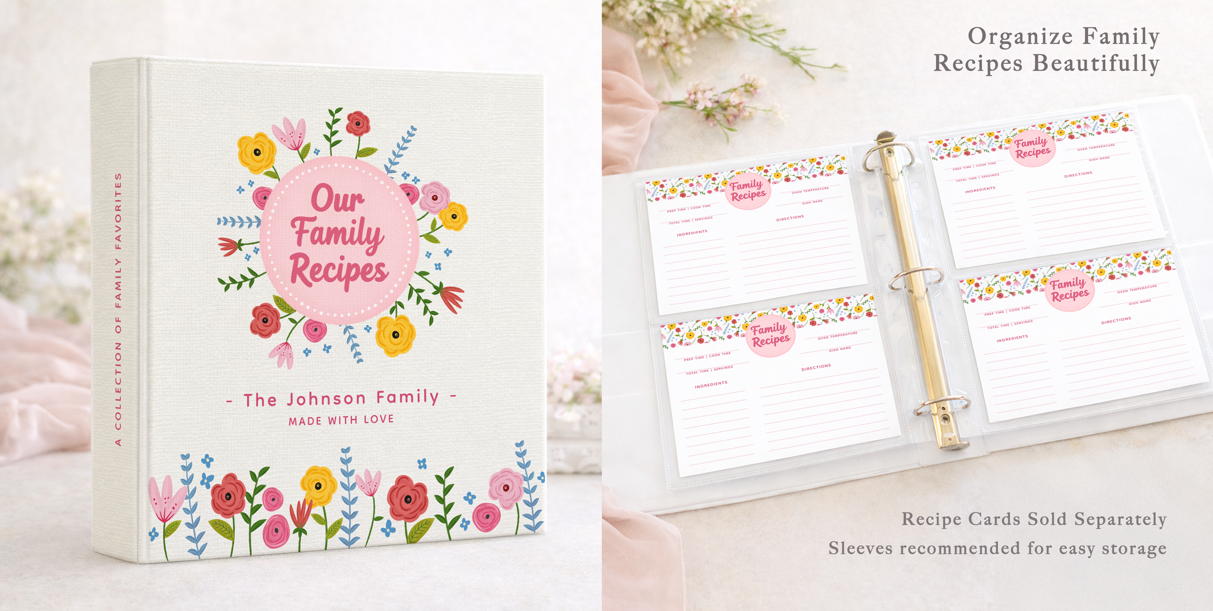 Family recipe binder open with recipe cards stored in protective sleeves for organization