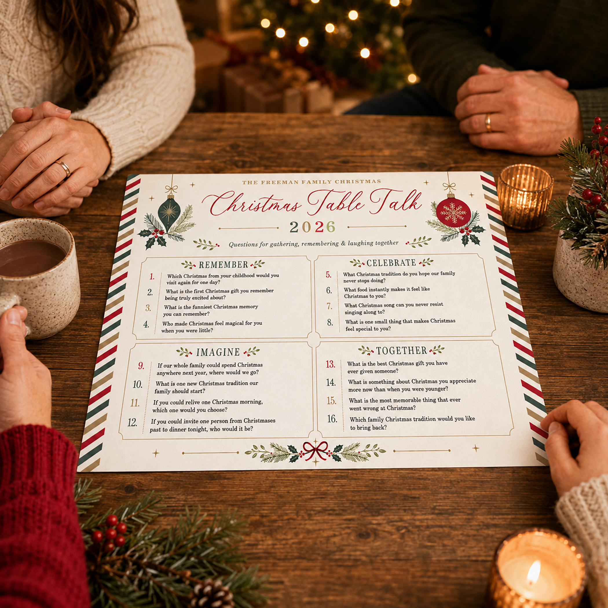 Family gathered around a wooden Christmas table using a Christmas Table Talk conversation game sheet with holiday lights, candles, greenery, and hot cocoa.