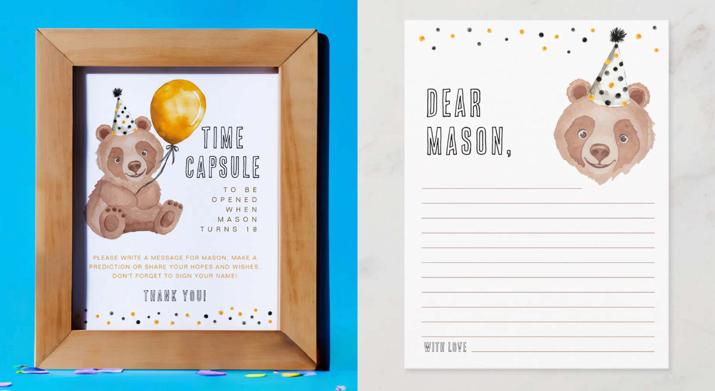 Teddy bear first birthday time capsule sign with balloon illustration displayed in wooden frame beside matching “Dear Mason” message card for guests to write notes.