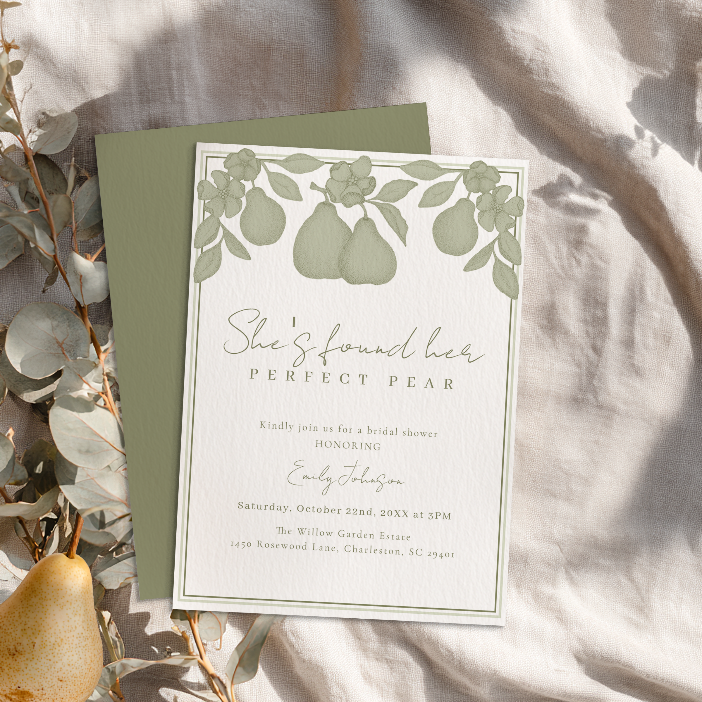 Perfect Pear Bridal Shower Decor &amp; Invitations for a French Country Celebration