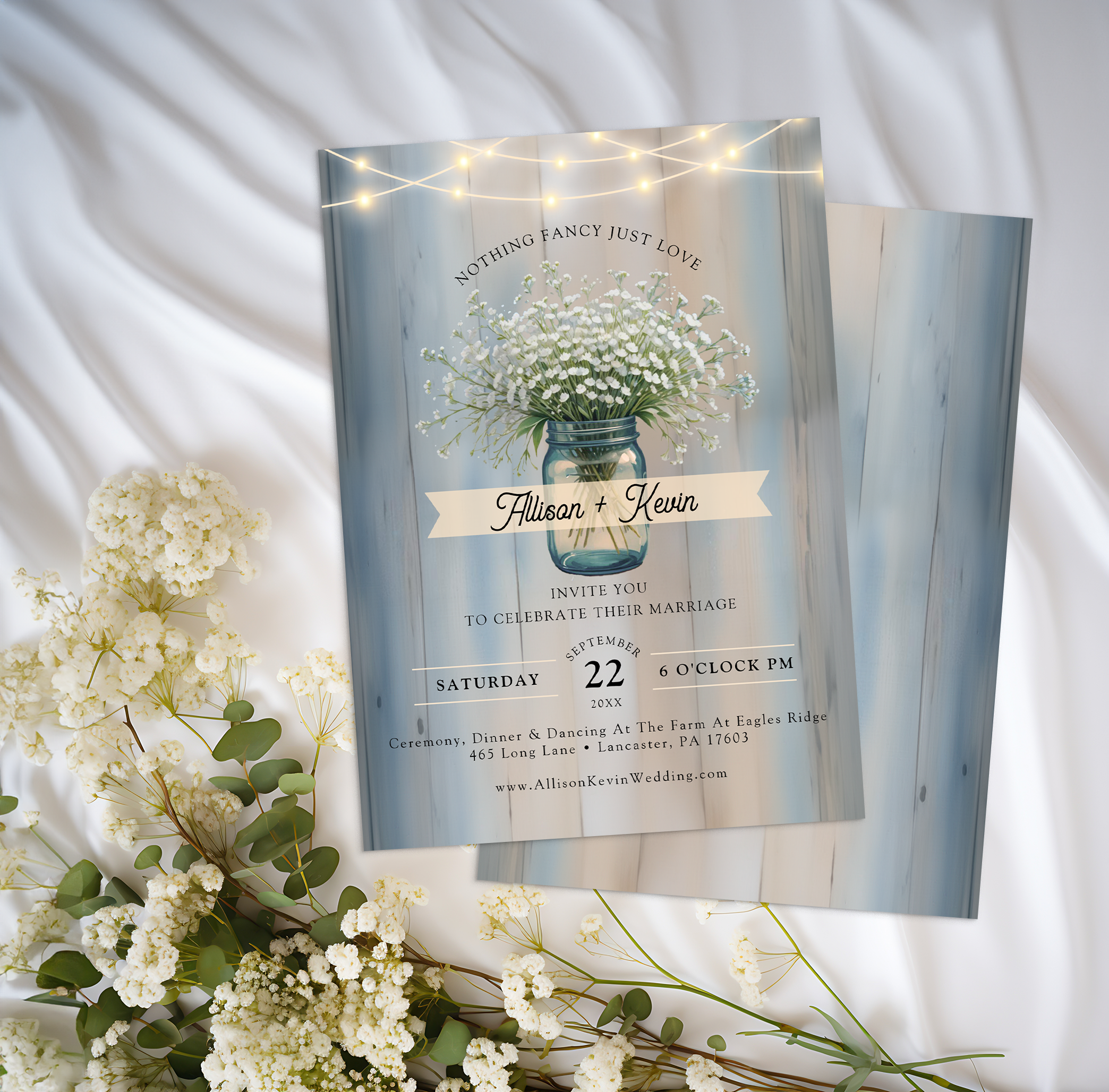 Rustic Baby’s Breath Wedding Theme with String Lights