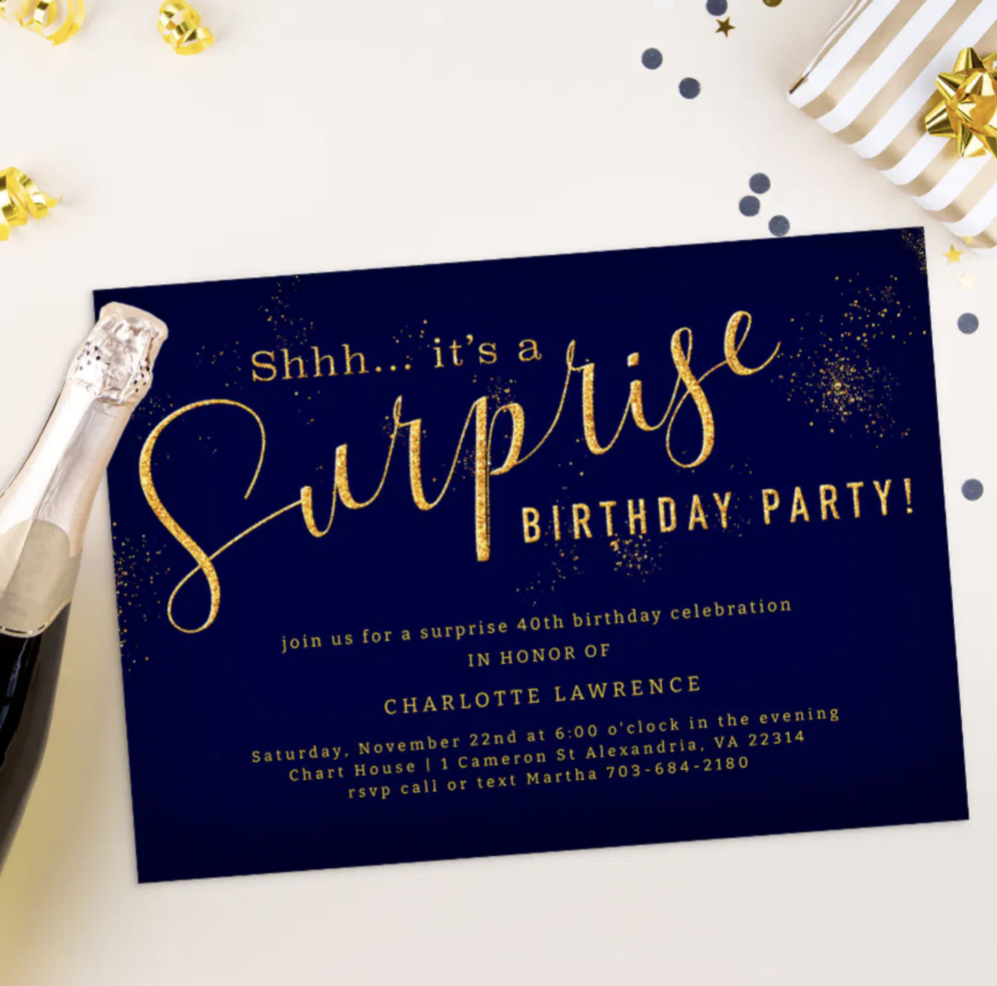 Elegant Surprise Birthday Party Invitations