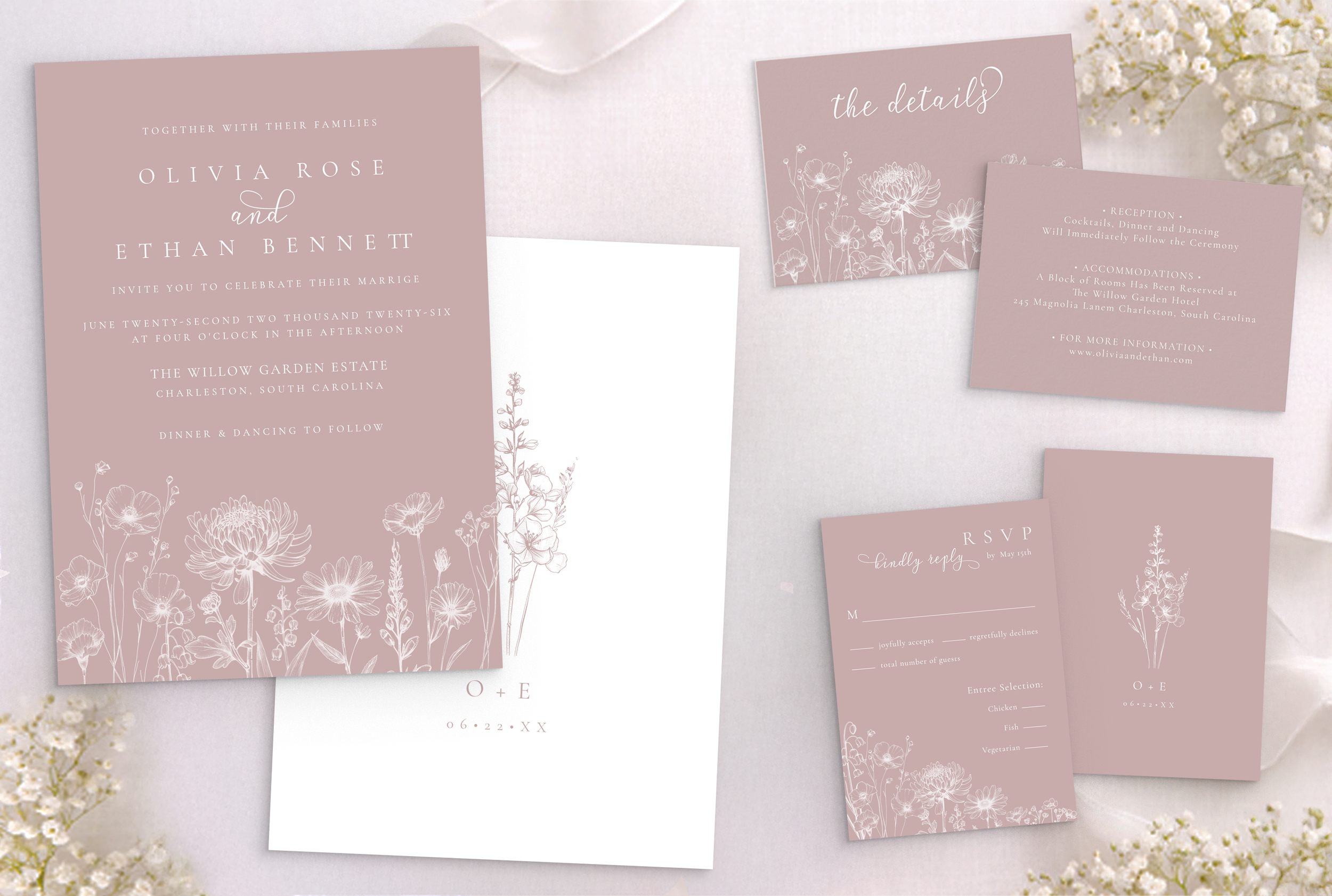 Dusty rose botanical wedding invitation suite including invitation, RSVP card, details card, and envelope with minimal floral line art