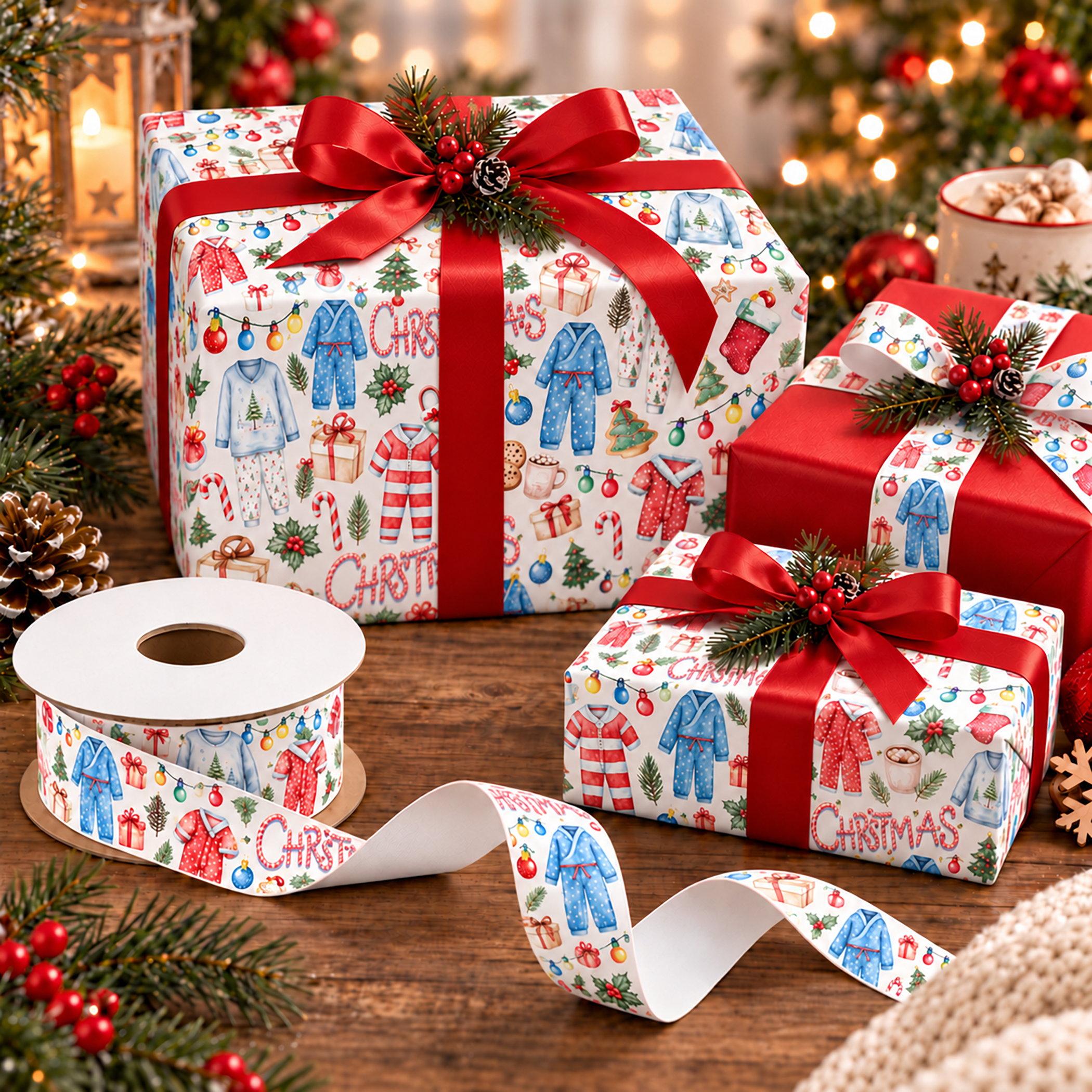 christmas pajama party gifts wrapped in colorful pajama-patterned gift wrap with red satin bows, alongside a matching decorative ribbon spool with a single-sided print