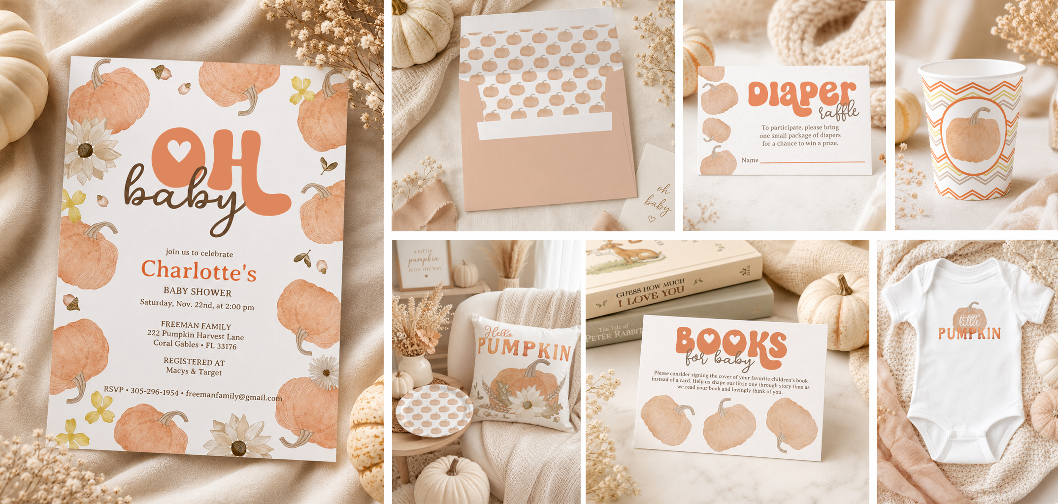 Fall pumpkin baby shower collection with Oh Baby invitation, pumpkin envelope, diaper raffle card, books-for-baby insert, paper cup, bodysuit, plate, and autumn décor.