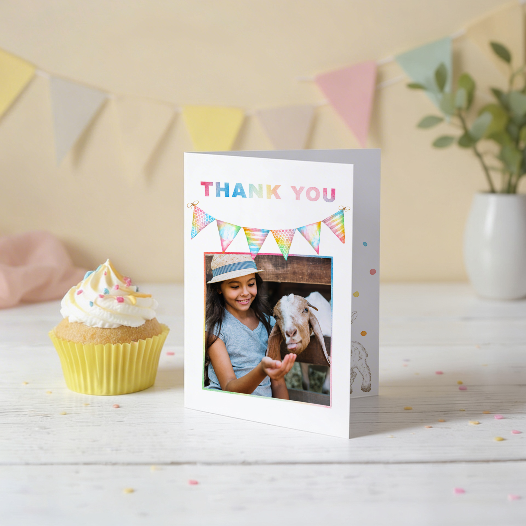 Photo thank you card with goat birthday theme and personalized child picture.