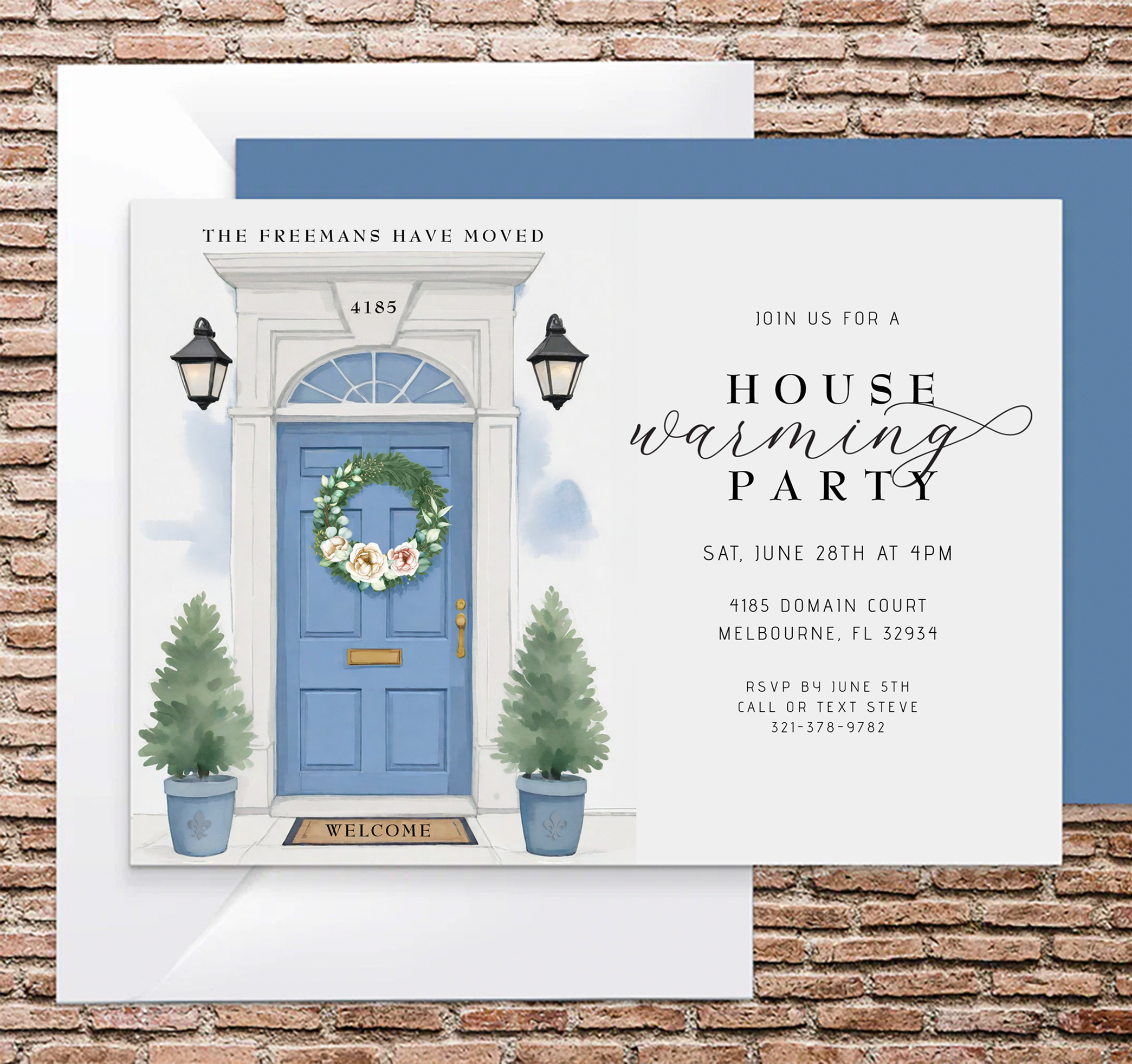 Housewarming party invitation with a watercolor blue front door and wreath illustration, paired with modern script text on a clean white layout.